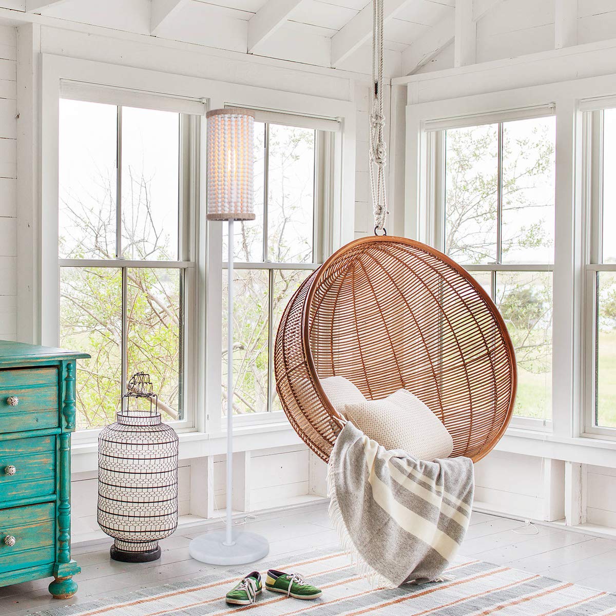 Viluxy Bohemia Boho Floor Lamp With White Wood Beaded Shade For Bedroom, Living Room, Girl Room