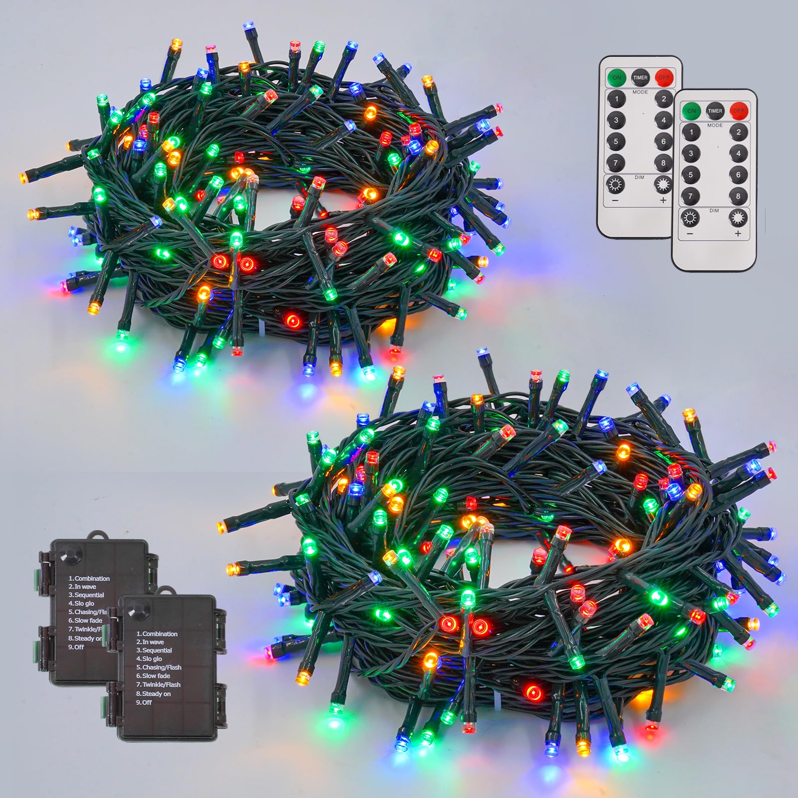 YEGUO Christmas Lights Battery Operated, 2 Pack Each 33ft 100 LED Multicolor String Lights Outdoor Waterproof, 8 Modes Green Wir