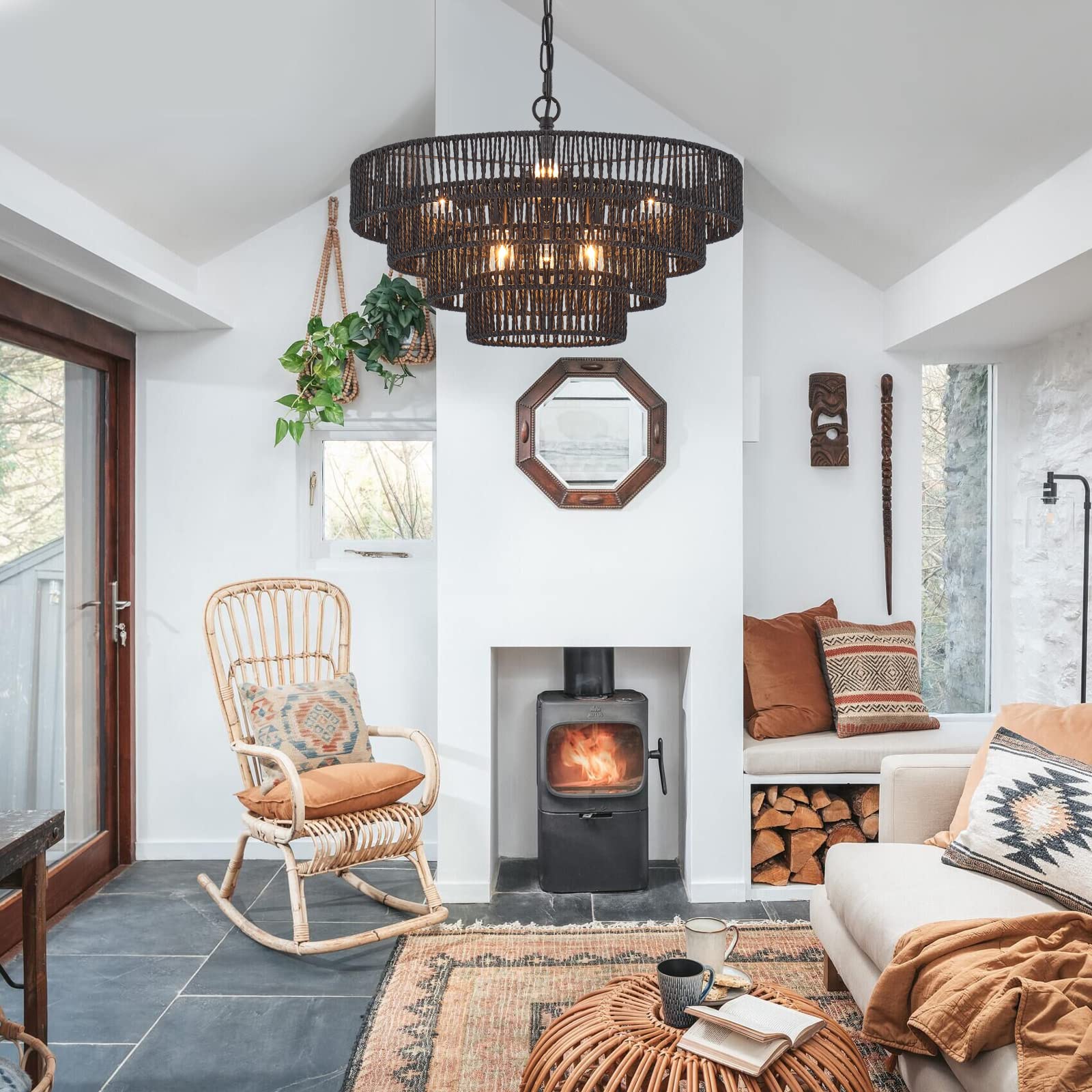 Elyccupa 20” Hand-Woven Rattan Chandelier 6-Lights Transitional Minimalist 4 Round Boho Large Pendant Light For Kitchen Island Dining Room Living Room Hallway, Matte Black, Ul Listed