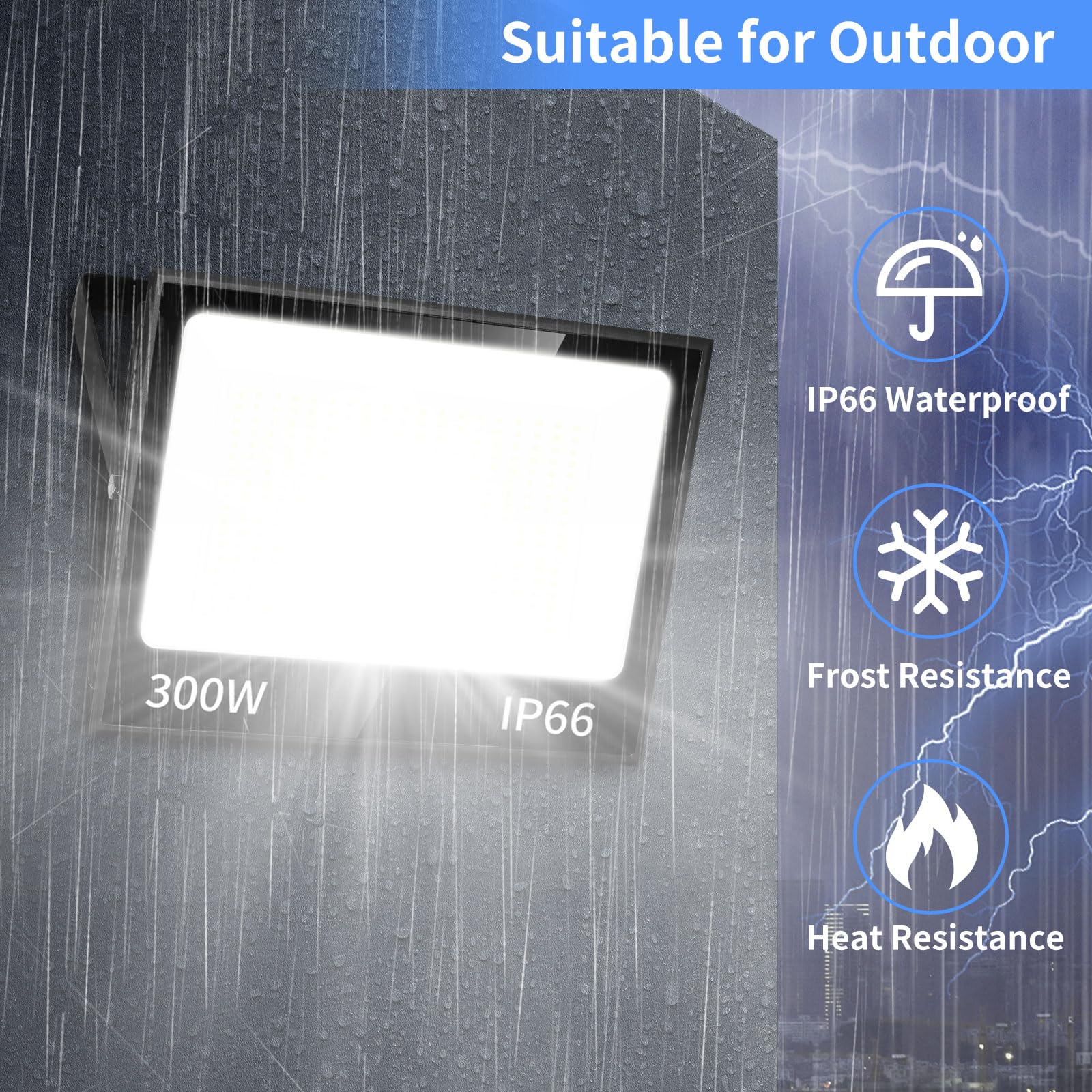 ISUERFY 300W LED Flood Light, 36000LM, IP66 Waterproof, 5000K Daylight White, Outdoor Plug-in, 2 Pack, Black/Clear