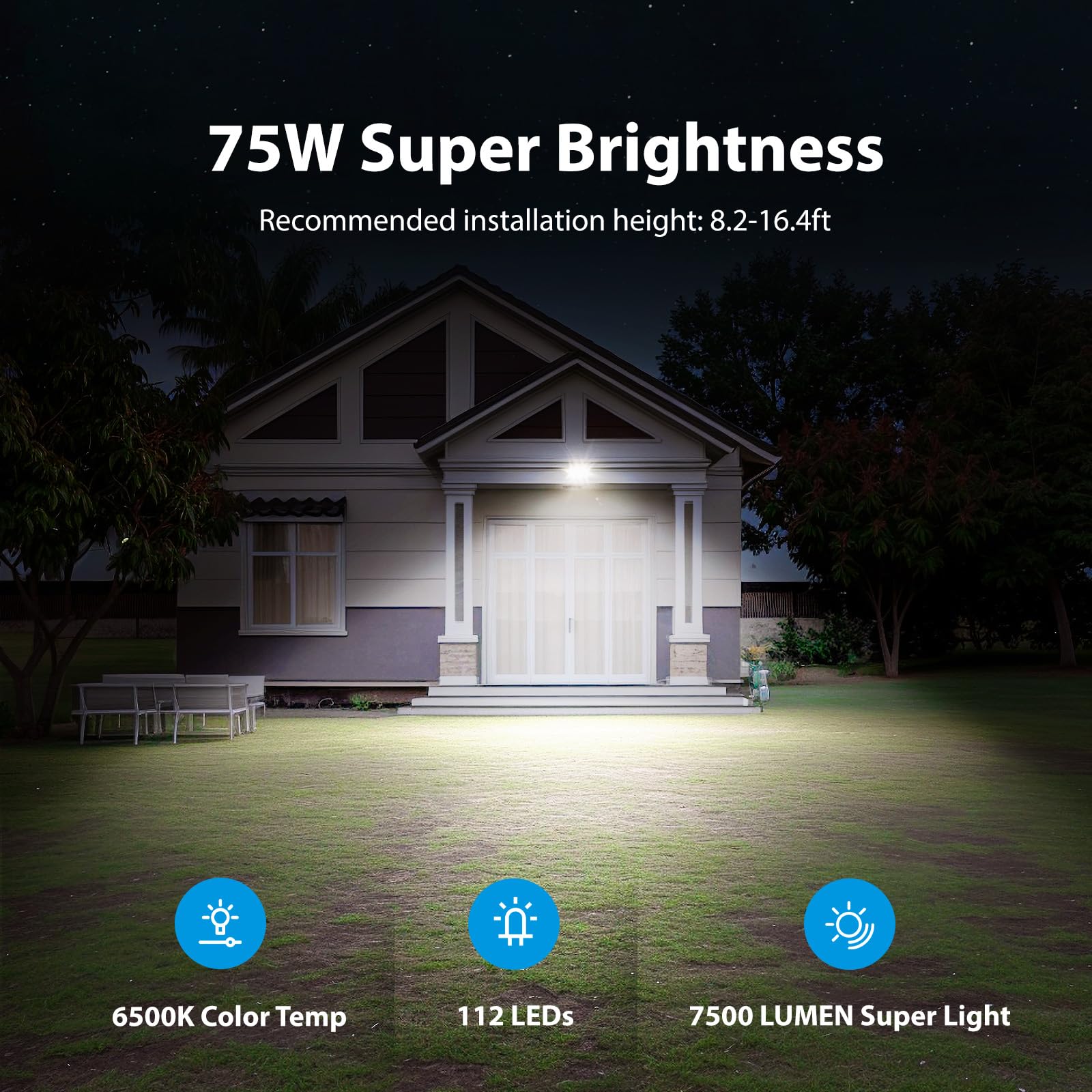 Atfoyer Motion Sensor Outdoor Lights, 75W 3 Head Flood Lights, 6500K IP65 Waterproof, 1 Pack, Black, Model ATM75FWG-3