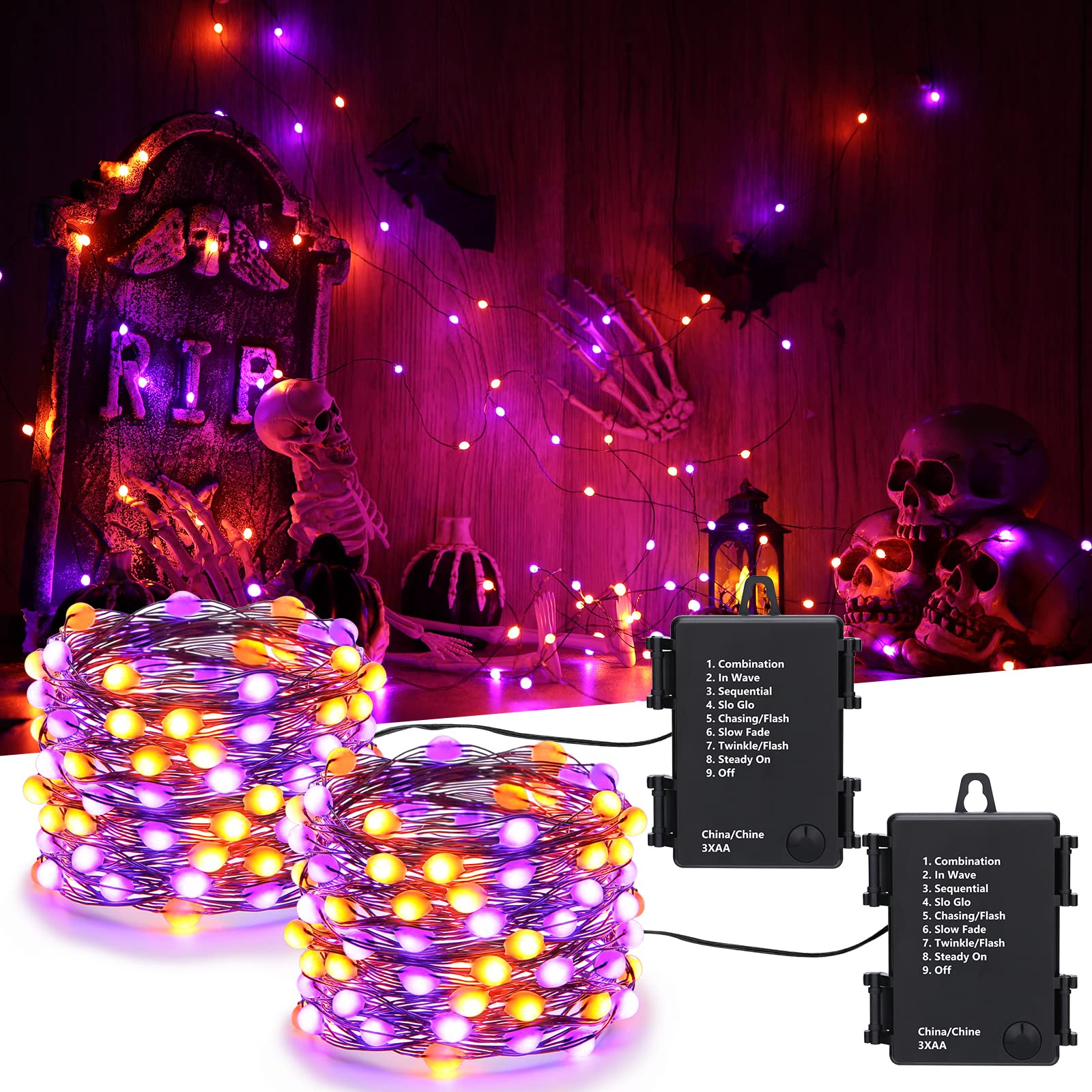 iBaycon 50 LED Battery Halloween Lights, 16.4ft, Waterproof Twinkle Fairy Lights, Orange Purple, 8 Modes & Timer for Indoor Outdoor Use