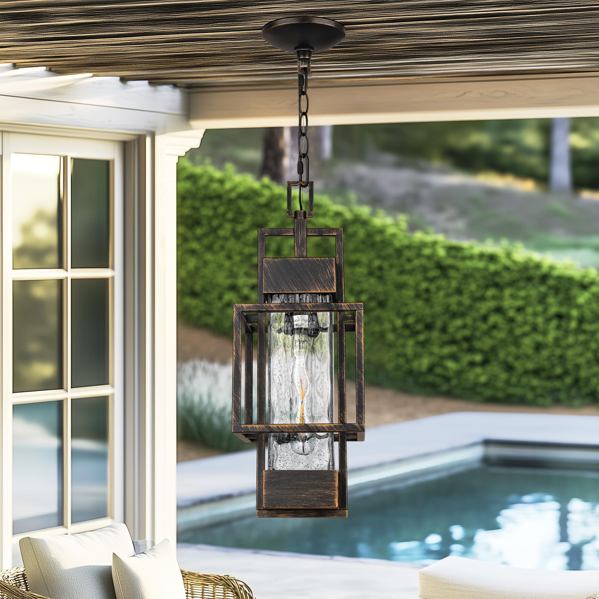 PARTPHONER 15in Outdoor Pendant Light, Black Brushed Gold Metal Chandelier with Water Glass, Model PACL034BB1