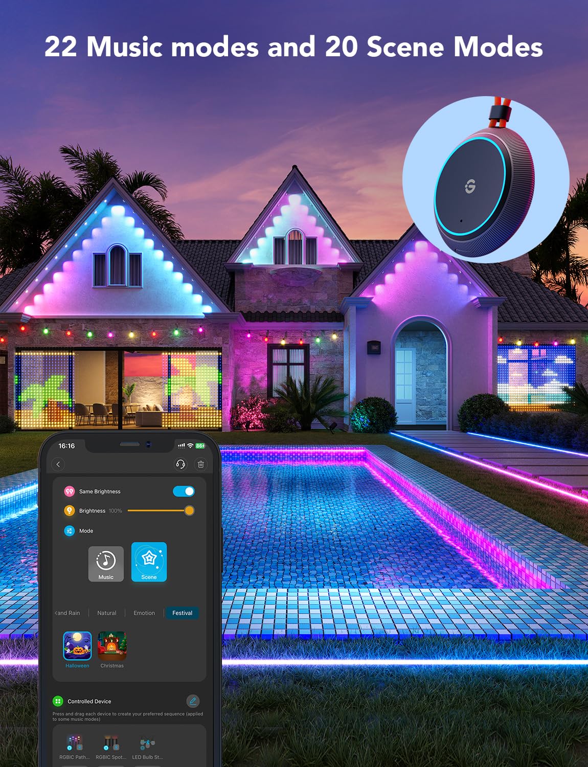 Govee Outdoor Light Show Box, 22 Music Modes, 20 Scene Modes, Bluetooth, IP65 Waterproof, Battery Powered, Model H1167, Black