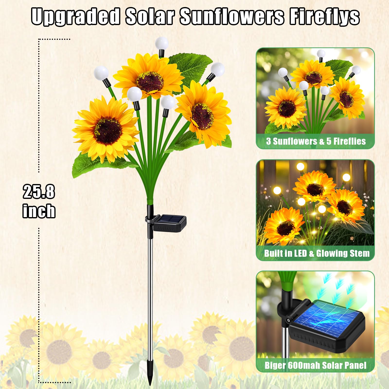 Yeuago Sunflower Solar Lights Outdoor Garden Decor Upgraded Solar Sunflowers With Firefly Lights Waterproof Gifts For Mom Women Grandma Garden Decor For Outside Yard Patio Pathway Lawn(2 Pack)
