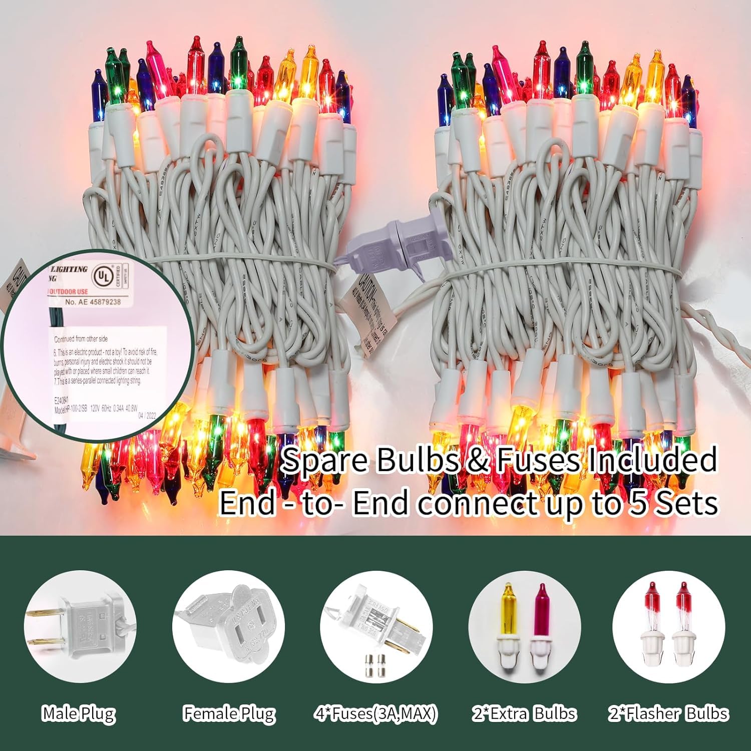 Lamphome Multicolour Christmas Lights Set 100 Count 19.6 Feet Incandescent Bulb Mini String Lights For Indoor Christmas Tree Garland Birthday Wedding Party Festival Decoration, White Wire