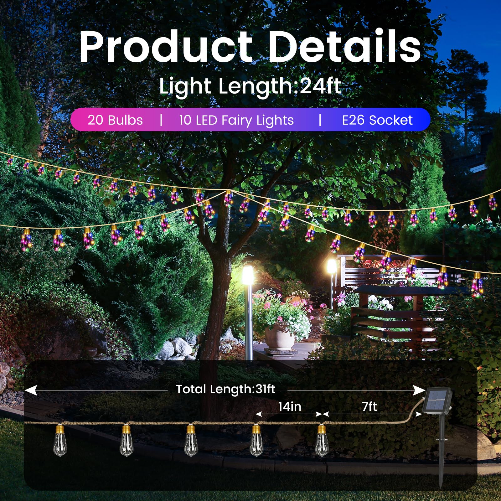 Solar String Lights For Outside, 24Ft Vintage Rope Hemp Solar Outdoor String Lights With 20 Shatterproof Bulbs, Waterproof 8 Mod
