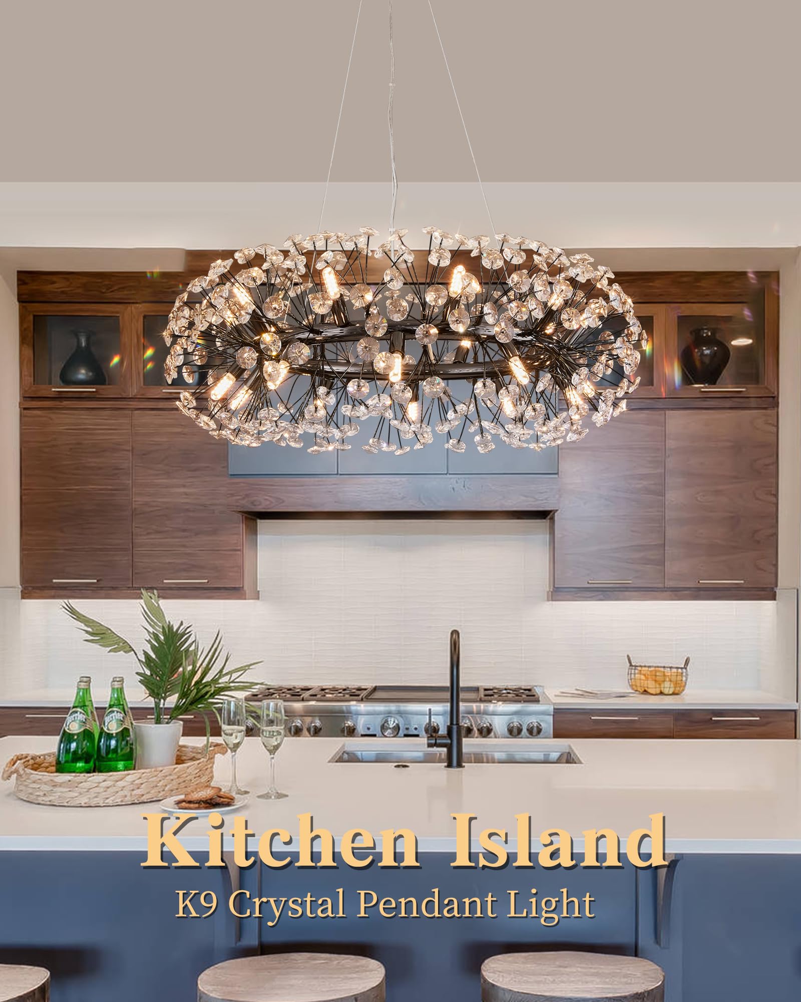 Modern Firework Chandelier, Farmhouse Black Crystal Round