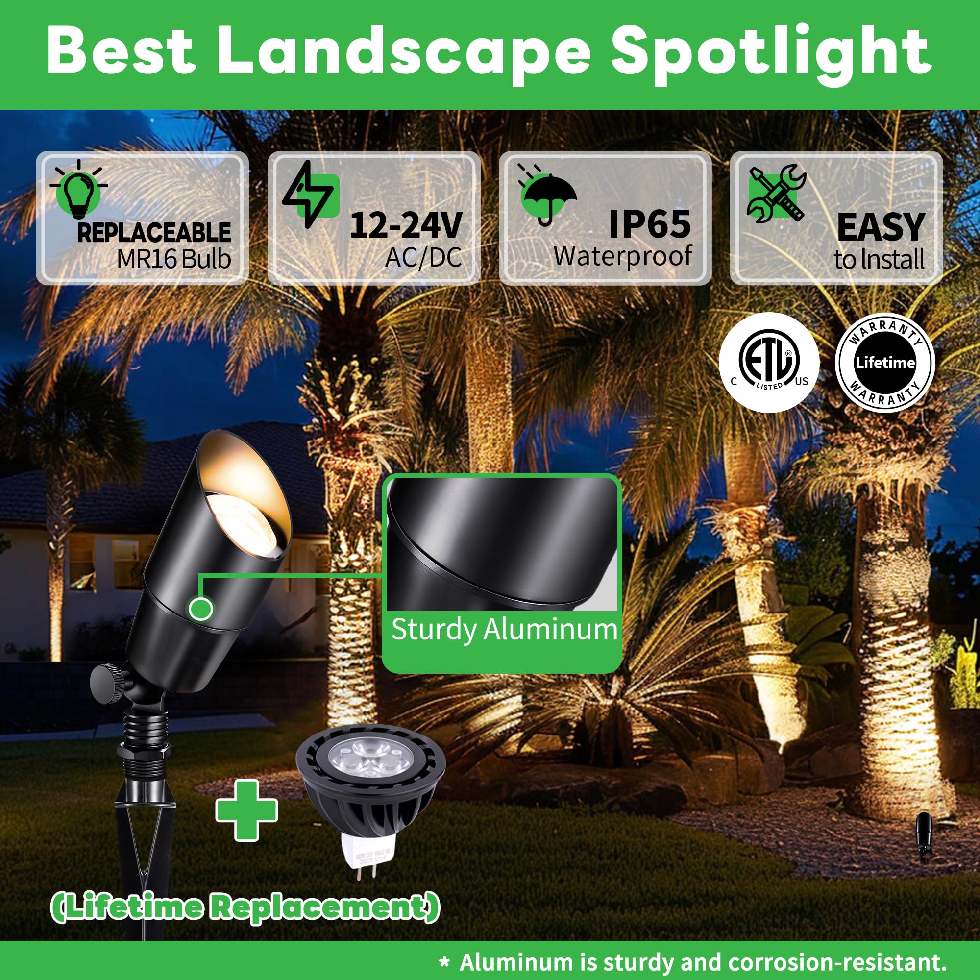 Varmtalys Black Outdoor Spotlights, LED Low Voltage Aluminum Landscape Lights, 5W MR16 Bulb, 8 Pack, IP65 Waterproof, Model AL2101