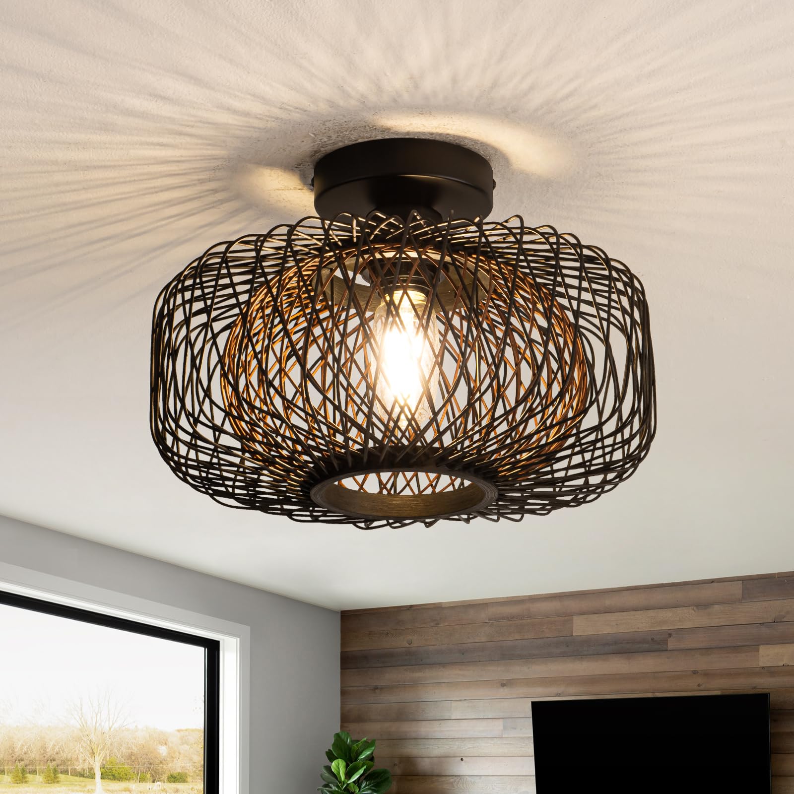 Tbaoinla 13" Hand-Woven Rattan Light Fixture Bedroom Light Fixture Boho Light Fixture Living Room Black Light Fixture Hallway Kitchen Farmhouse Light Fixtures Dining Room Light Fixture Black Brown