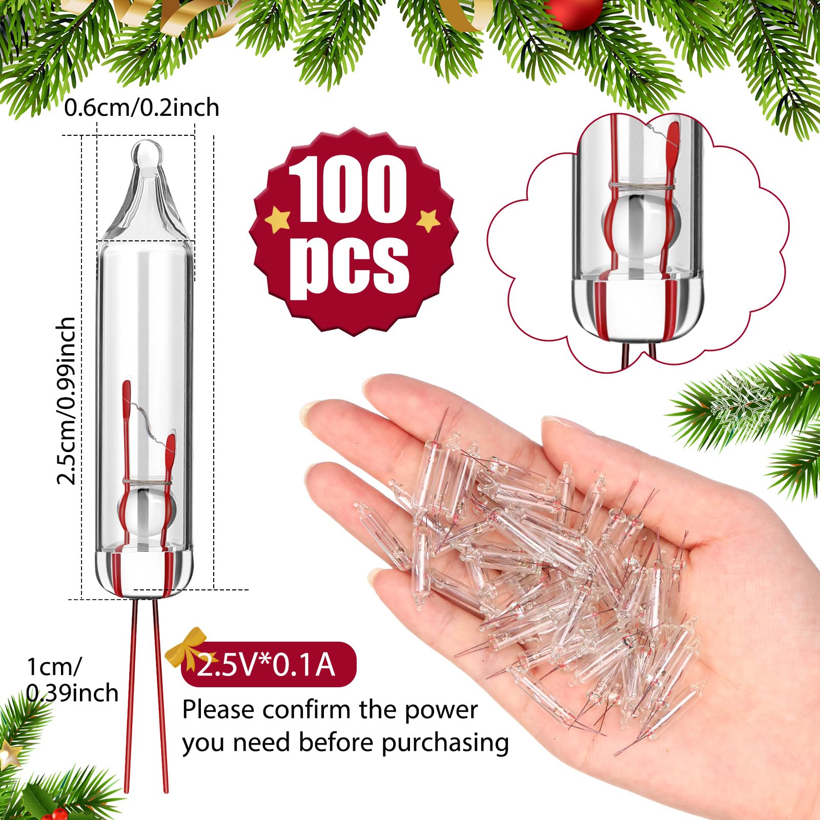 Mudder 100 Pcs Christmas Mini Replacement Light Bulbs, Warm White, 2.5V*0.1A, Indoor/Outdoor String Lights for Holiday Decor