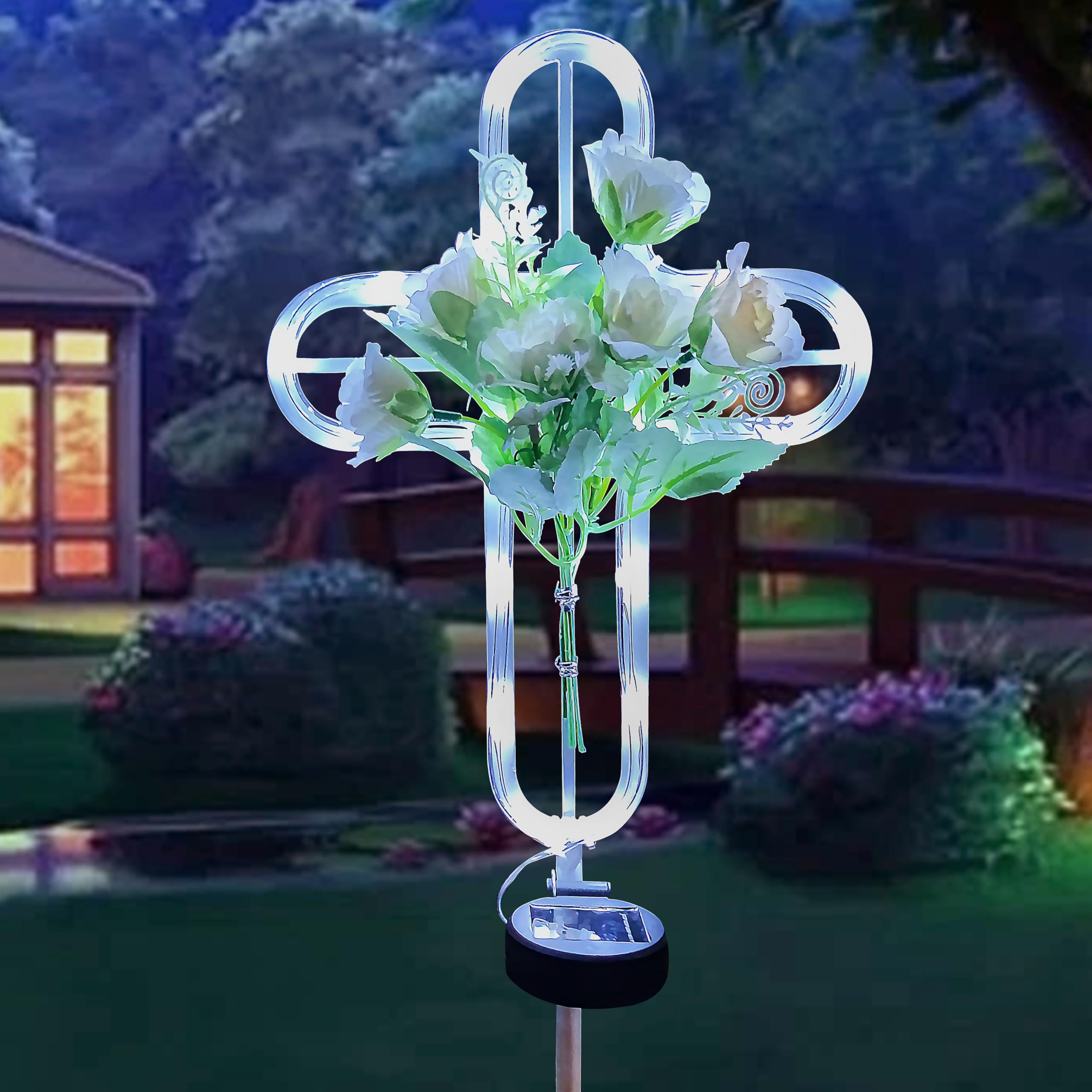Coozzyhour Solar Cross Garden Stake Lights, Cemetery Decorations For Grave Outdoor Led Light, Artificial Flowers Cross For Remem