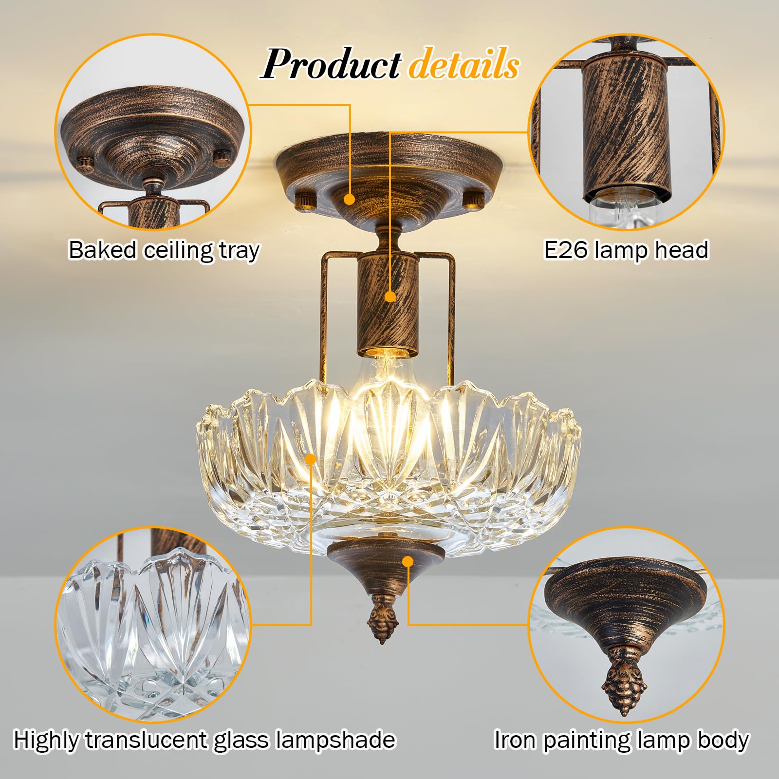 Uofus Glass Ceiling Light Fixture Vintage Small Semi Flush Mount Chandelier Oil Rubbed Bronze Mini E26 Ceiling Lamp For Hallway