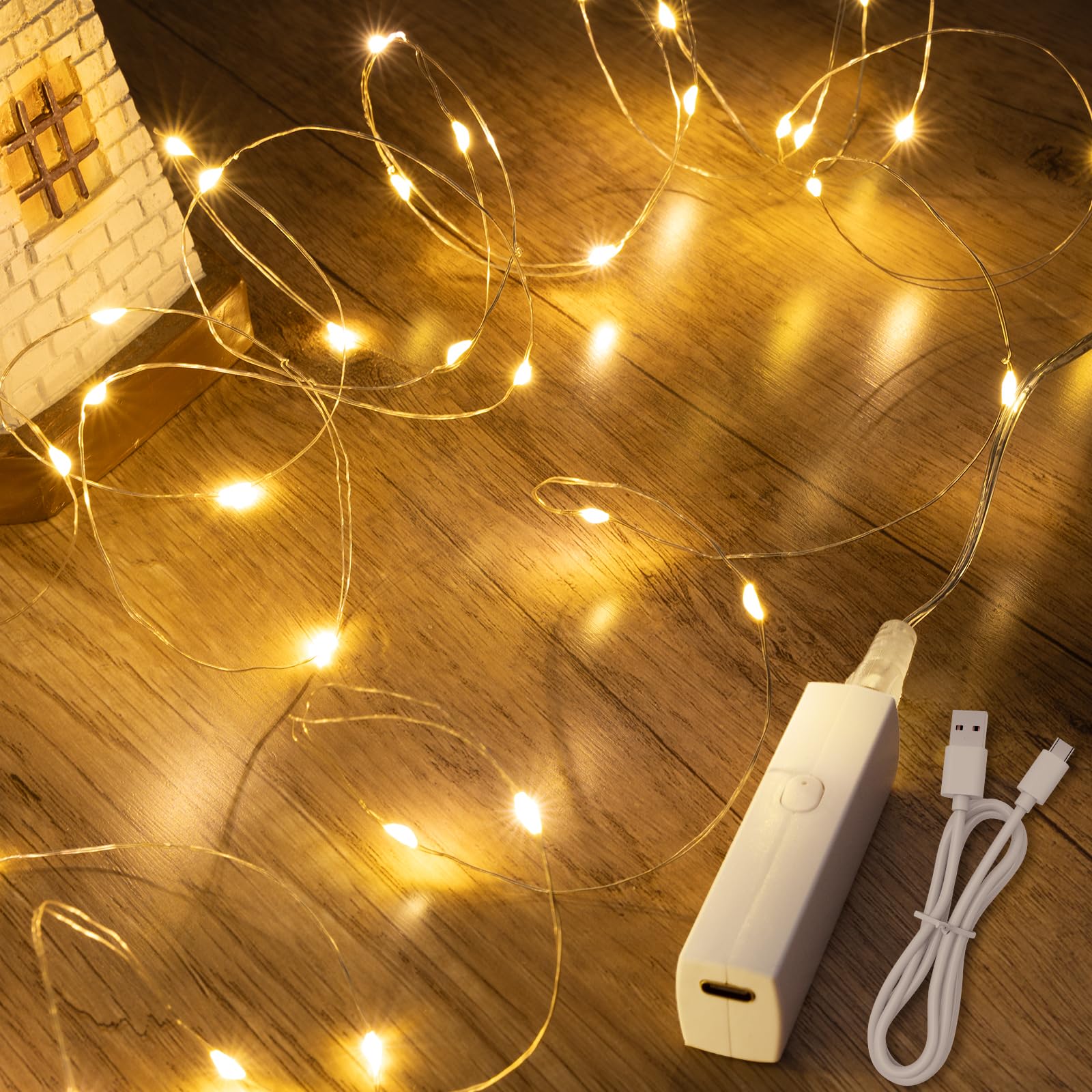 Lakumu Fairy Lights, Battery Operated Twinkle Lights, 32FT(16FT*2), Warm White, Silver Plated Copper Wire, Model LH-CD-DC-001