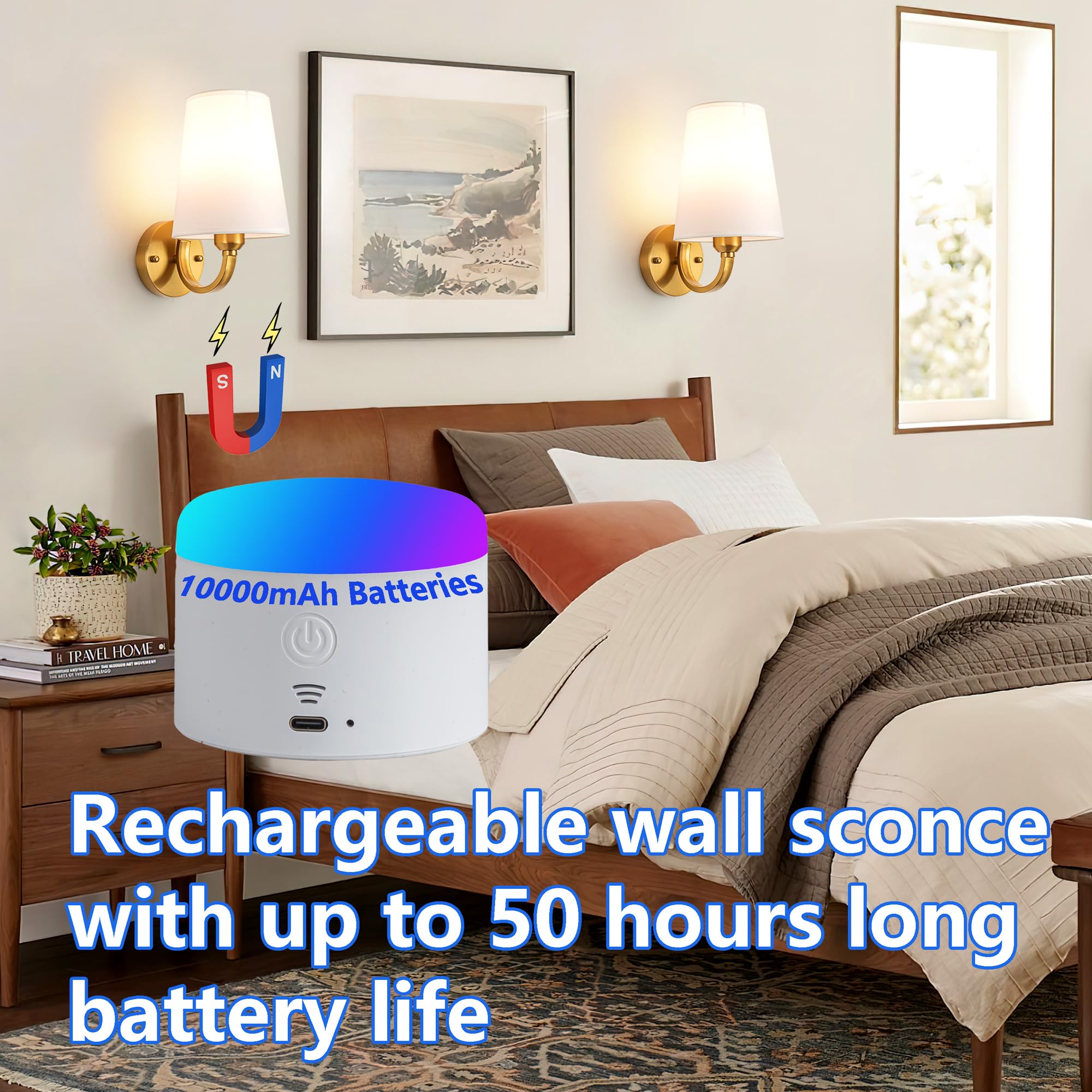 Slywise Battery Operated Rechargeable Wall Sconce, 7 Color Rgb, Usb Charging, Brass Finish