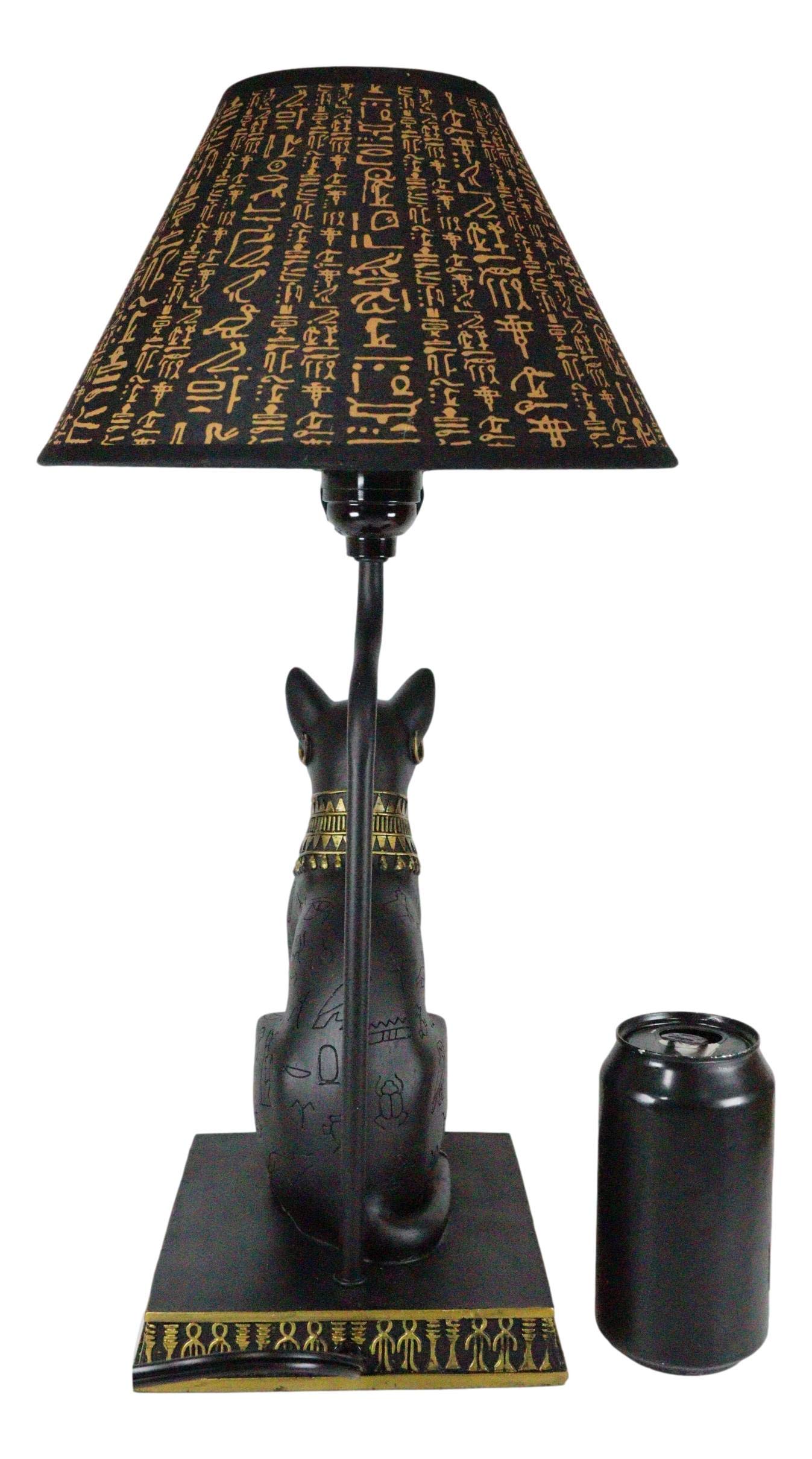 Ebros Gift Egyptian Goddess Bastet Cat Side Table Lamp, 18" High, Black and Gold, Resin, Hieroglyphic Shade, Deity of Protection