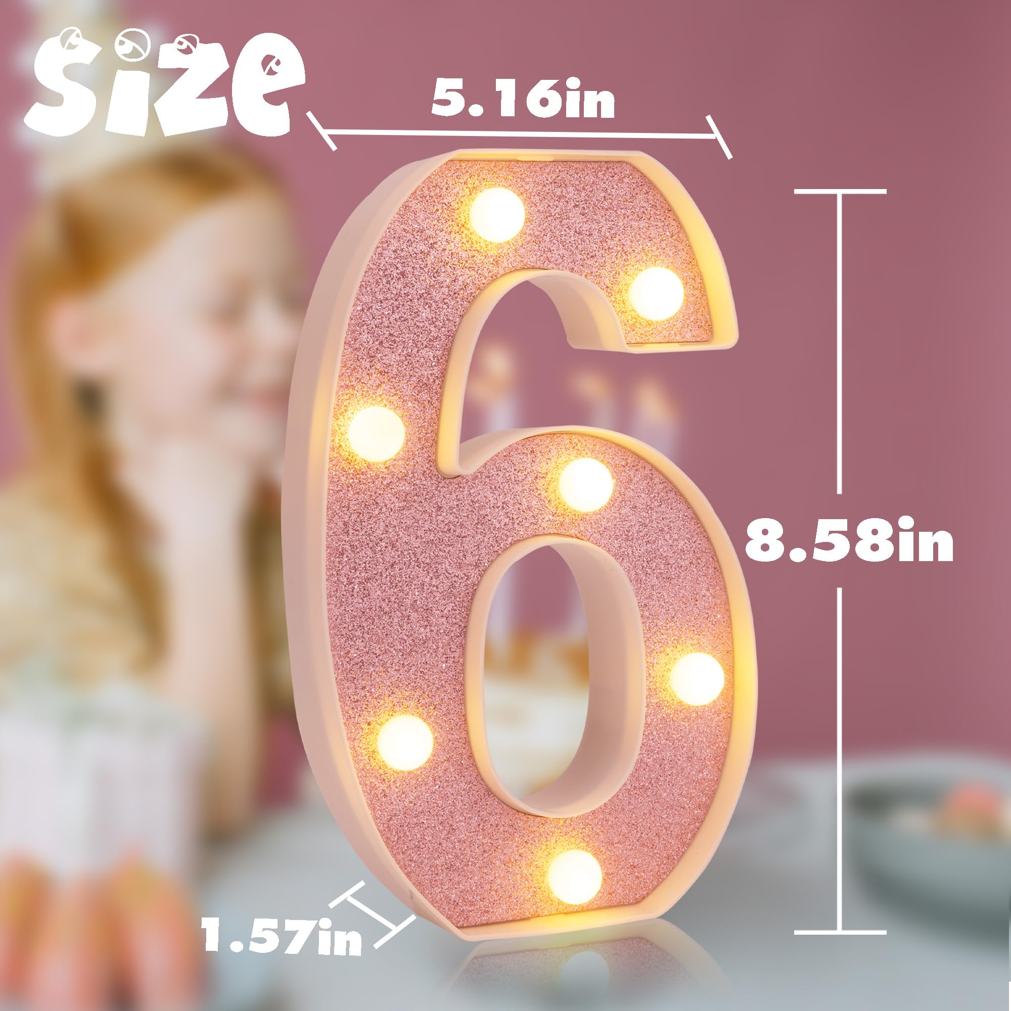 DyingSwan LED Marquee Number Light, Pink Glitter, 8.58 Inch, Battery Powered, Number 6, Plastic Decor