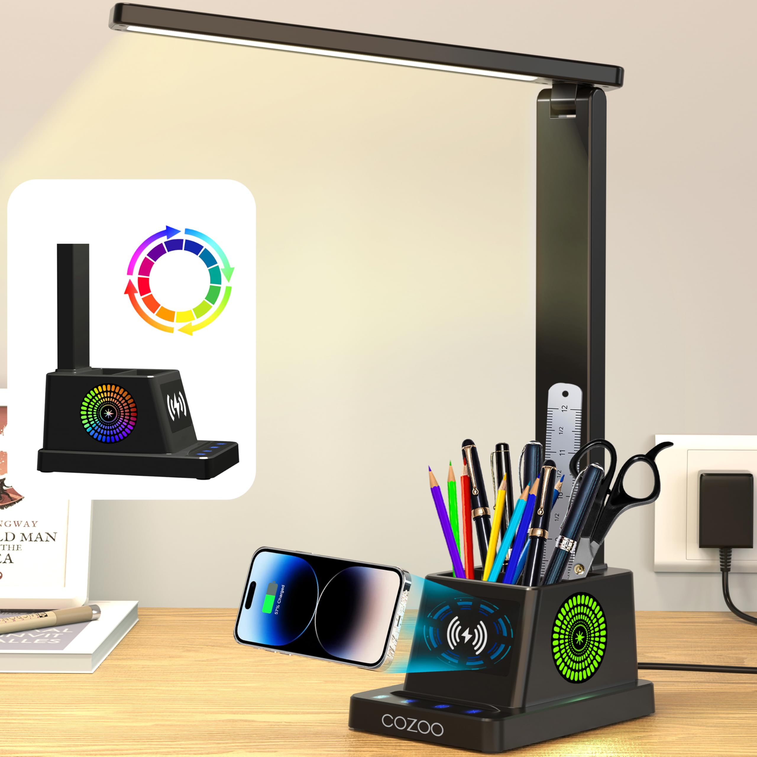 Cozoo Led Desk Lamp With Wireless Charger, Pen Holder, Color Changing Nightlight, 12 Modes, Black
