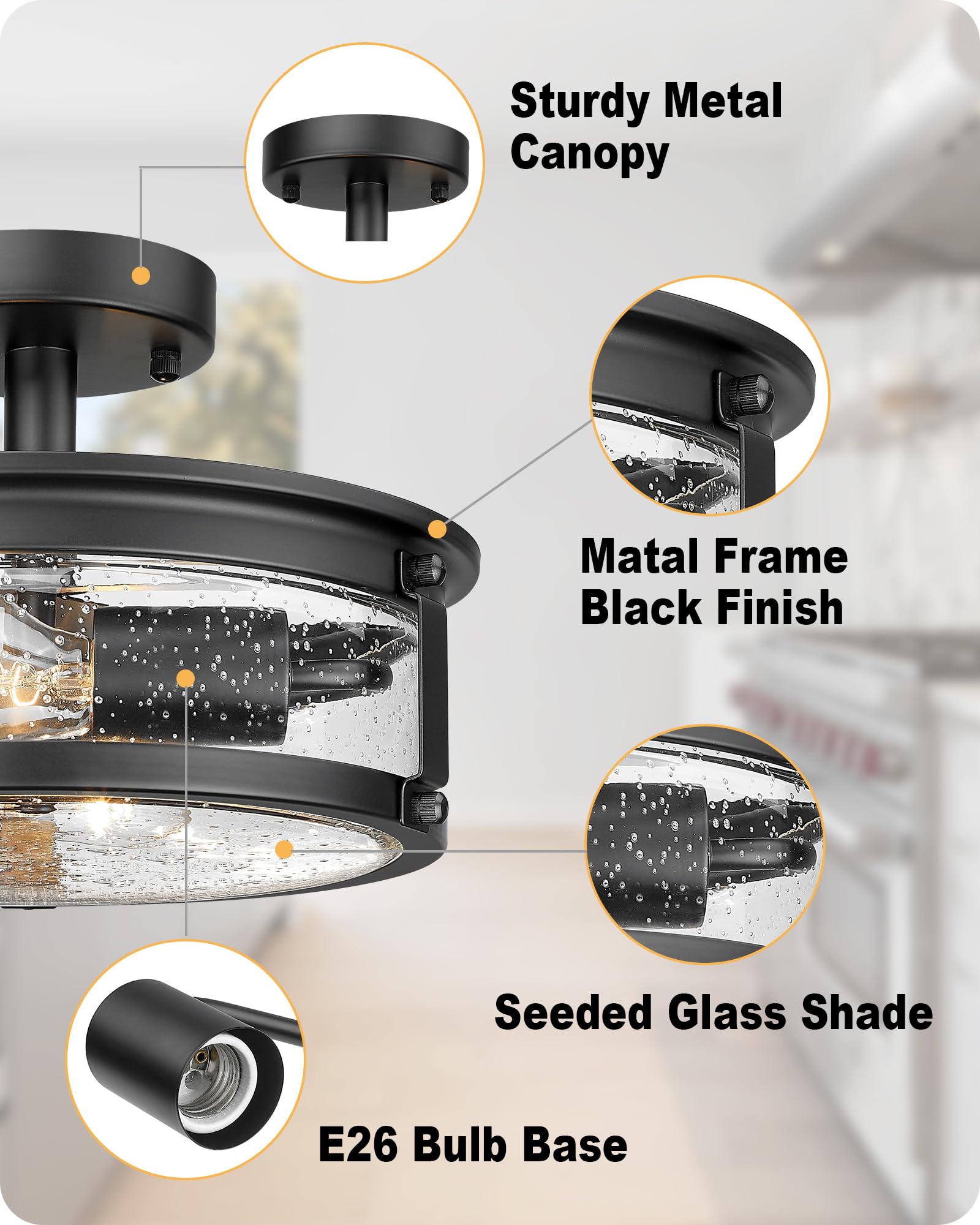 Foitton 2-Light Industrial Black Metal Semi Flush Mount Ceiling Light With Seeded Glass