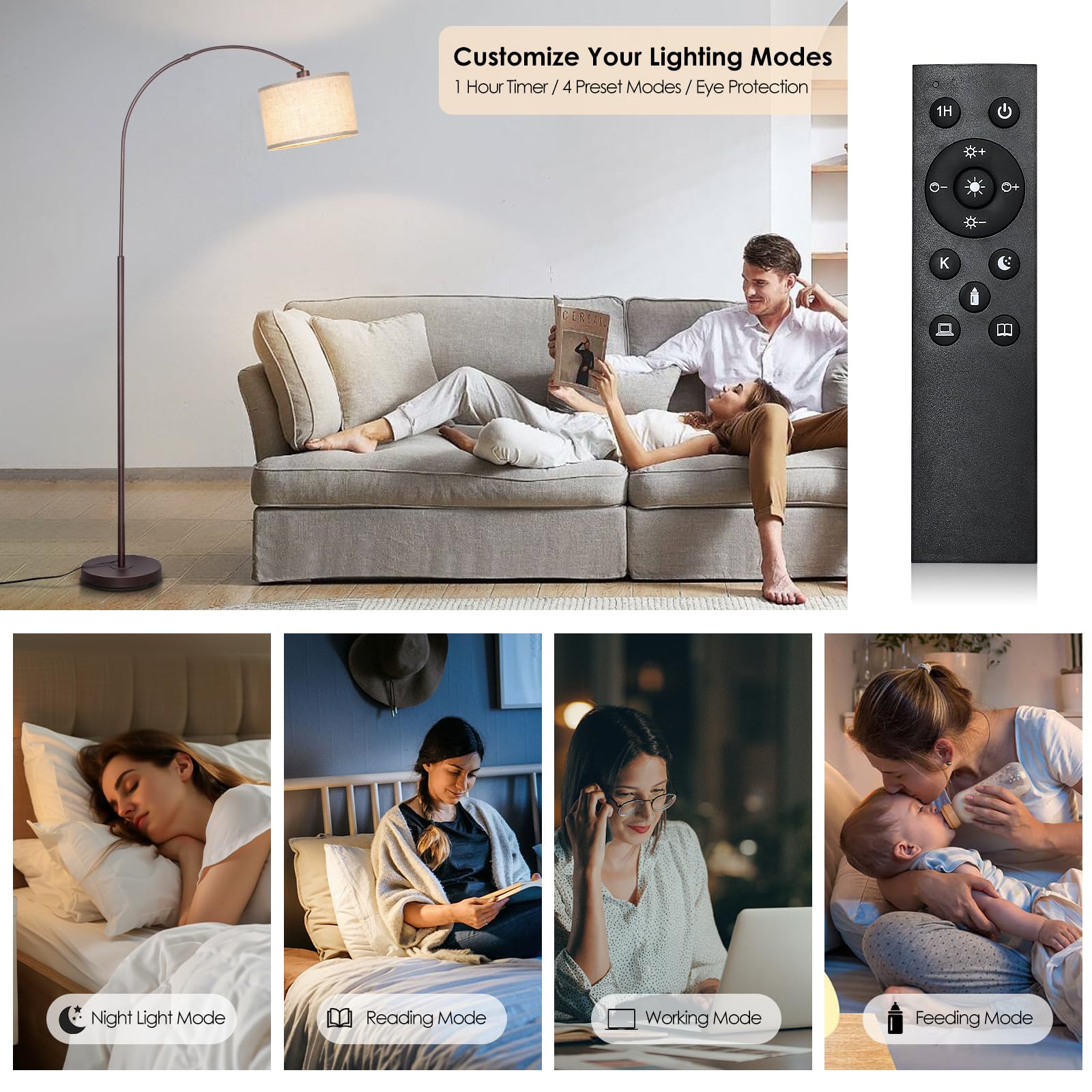 Qingmiao Arc Floor Lamp with Remote, Dimmable Bulb, Metal, Brown, Model QM-FL-ARC