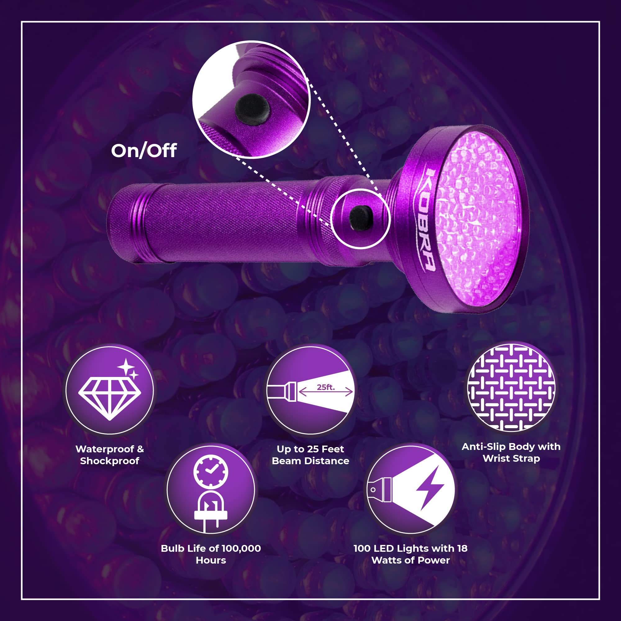 KOBRA Black Light Flashlight 100 LED, Ultra Intensity 18W, Model BLFL-PRNT, Purple, for Home & Hotel Inspection, Pet Stains