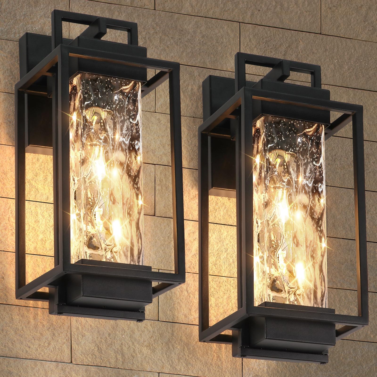 BesLowe 2-Pack Outdoor Wall Lights, Black, Water Ripple Glass, 15” Fixtures, Model 5271XX