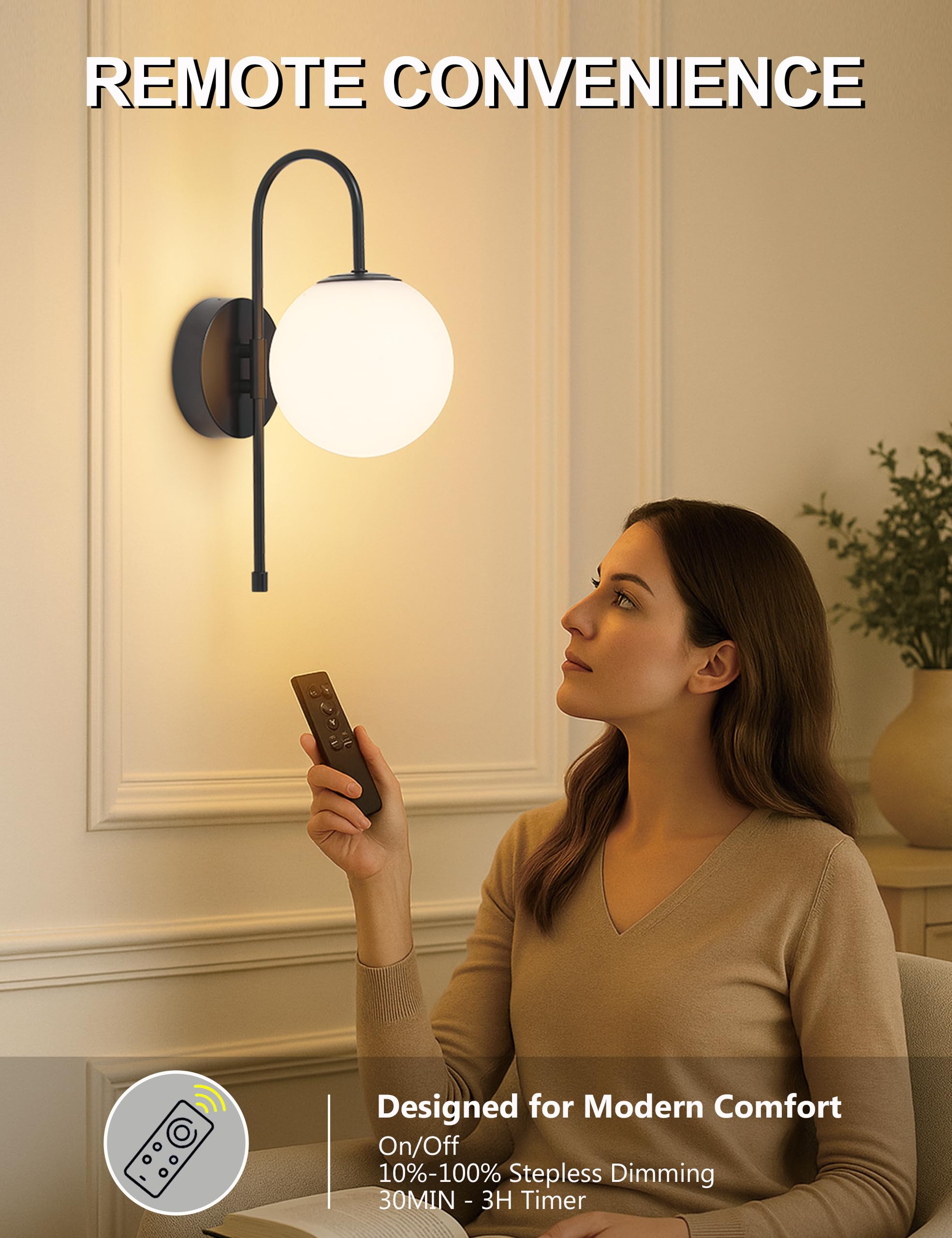 MSTETO Battery Operated Globe Wall Sconces Set of 2, Matte Black, Wireless, Remote Control, Rechargeable, Gooseneck, Model MTIW-109B2