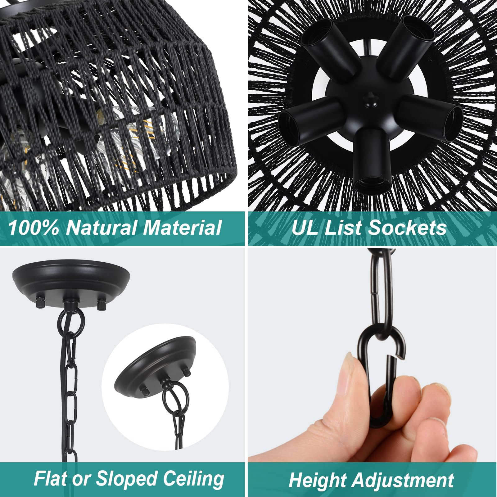 HMVPL 5-Light Black Rattan Chandelier - Farmhouse Pendant Light for Dining Room, Kitchen Island, Bedroom, Living Room, Model 230803B1