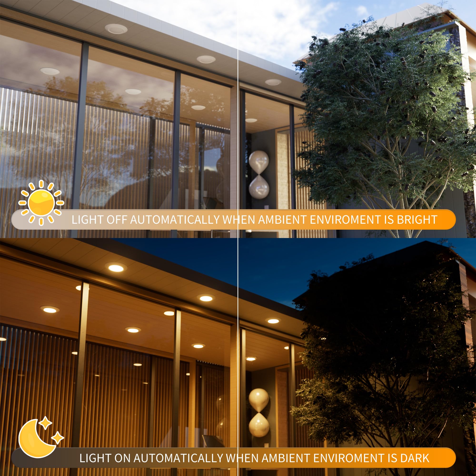 JULLISON 6 Inch LED Disk Light with Dust to Dawn Sensor, 15W, 1000LM, 5CCT Color Changing, ETL Rated, White - 8 Packs