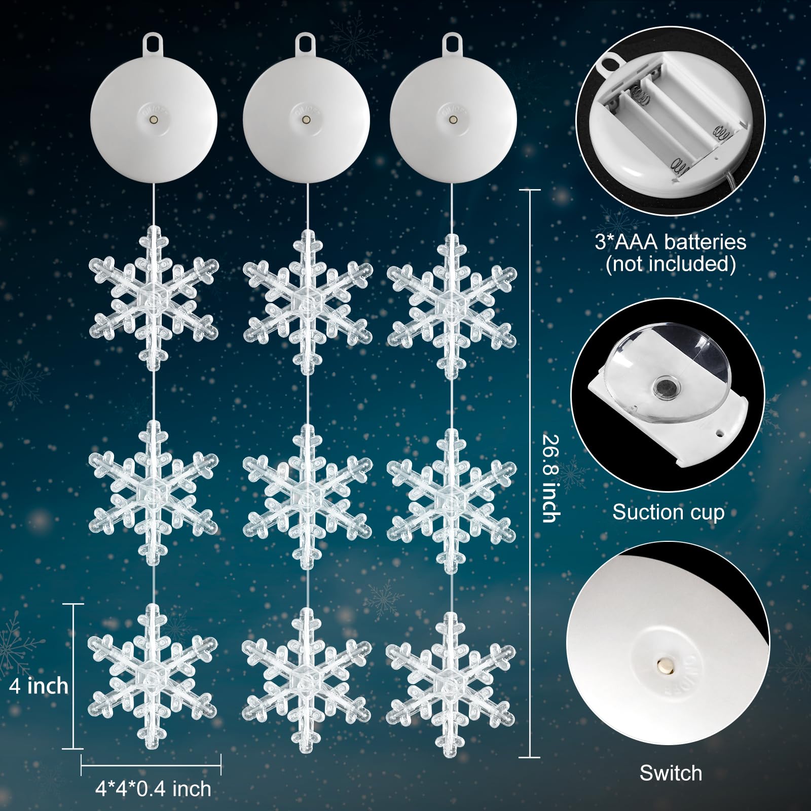 Lyubasa [Timer 3Pack Christmas Window Lights Decorations, Battery Powered Christmas Window Hanging White Lighted Snowflake Shaped Led Sucker String For Xmas Tree Fireplace Window Indoor Decor