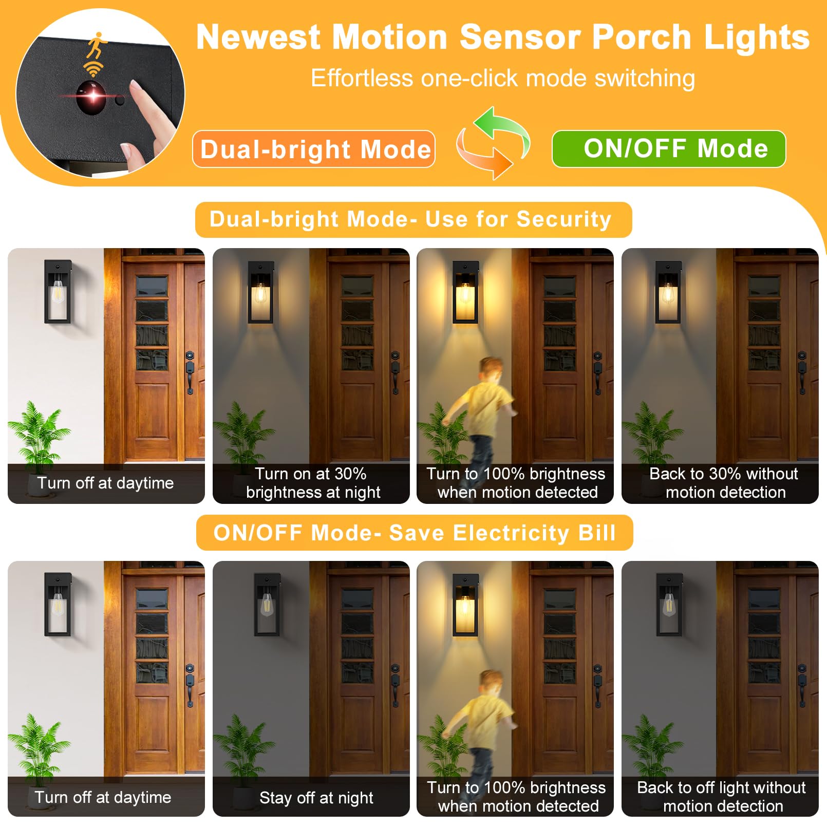 OYKYOHEI Porch Lights with GFCI Outlet, Dusk to Dawn Sensor, Waterproof Metal Wall Sconce, 11.88" Black, 1-Pack