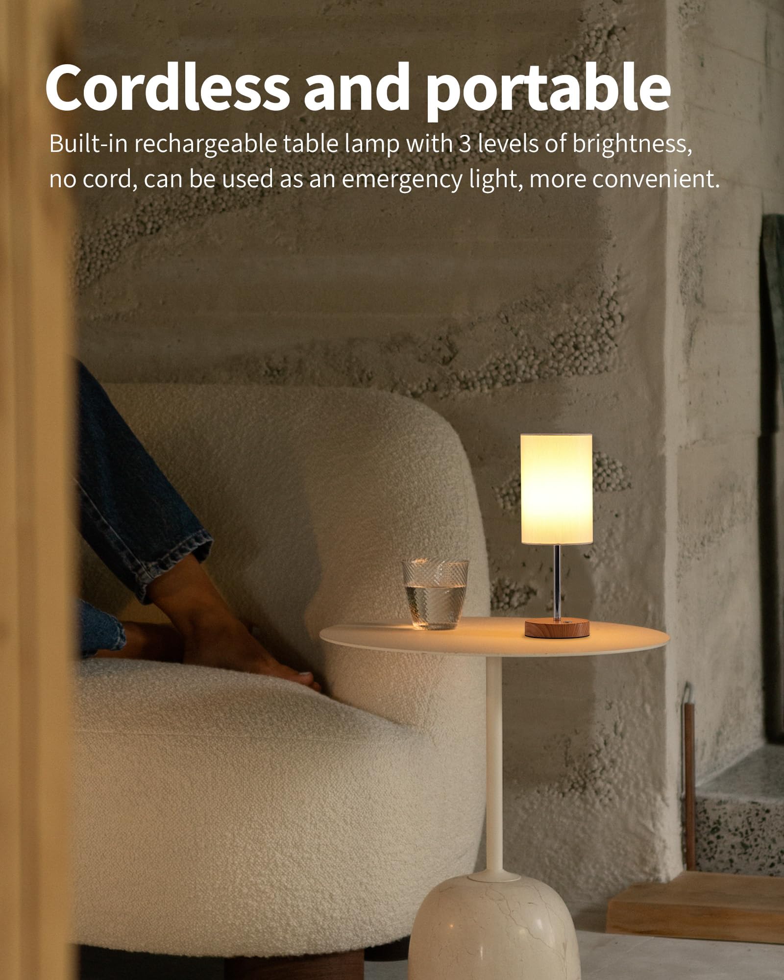 KDG Cordless Table Lamp - 5000mAh LED, 3 Brightness Levels, Silver + Beige, Portable Bedside Light for Living Room, Bedroom, Dining Room
