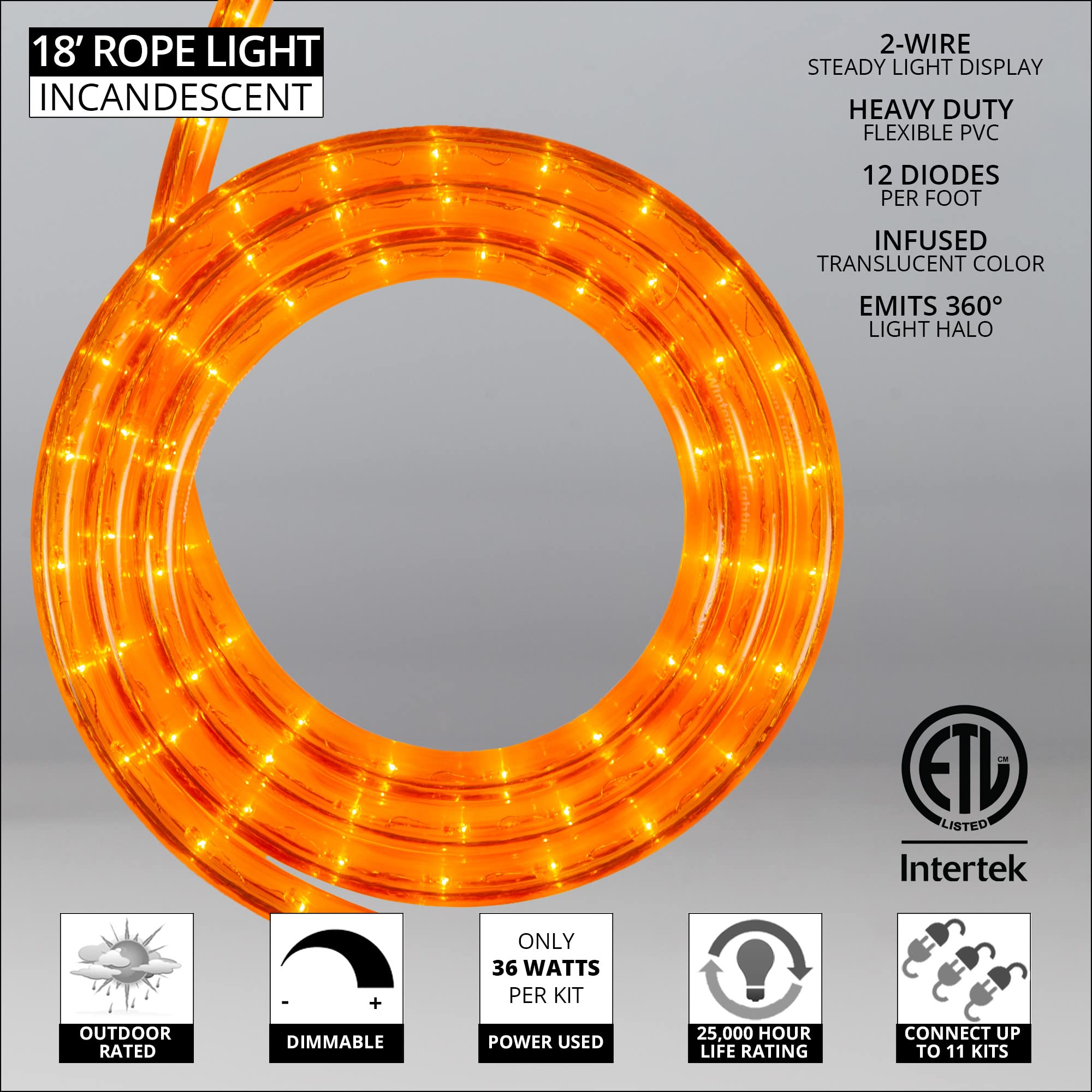 Wintergreen Lighting 18 Orange Rope Light Kit, 216-Bulb Commercial Grade, 120V, PVC, Model 80330, Includes Mounting Clips