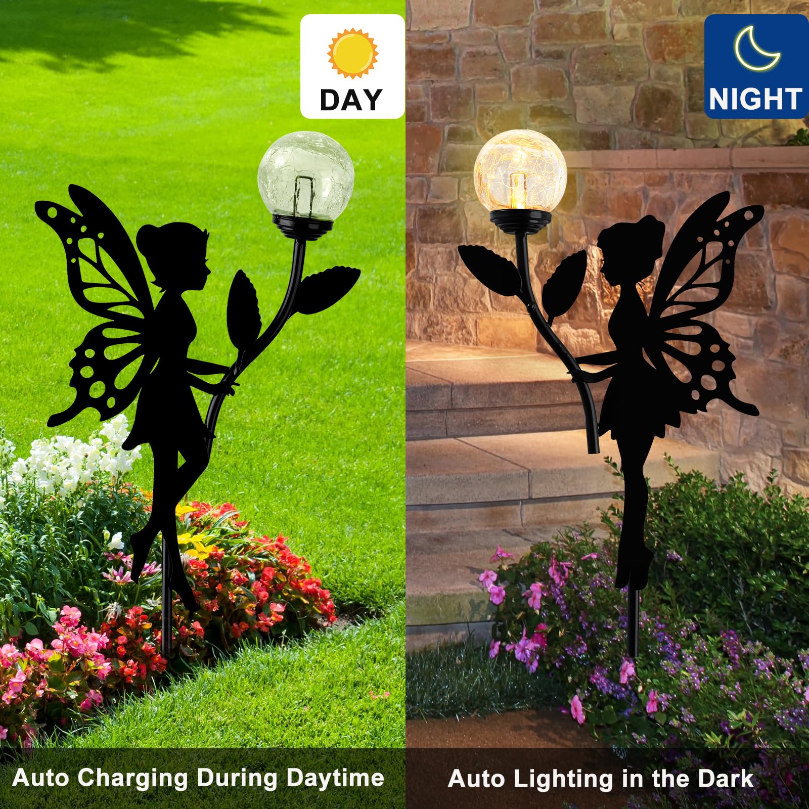 Ouddy Decor 2 Pack Solar Fairy Garden Decor, Metal Statues With Crackle Glass Globe Lights Silhouette Waterproof For Outdoor Lawn Patio Yard Pathway Home Decorations Valentine'S Day Gardening Gifts
