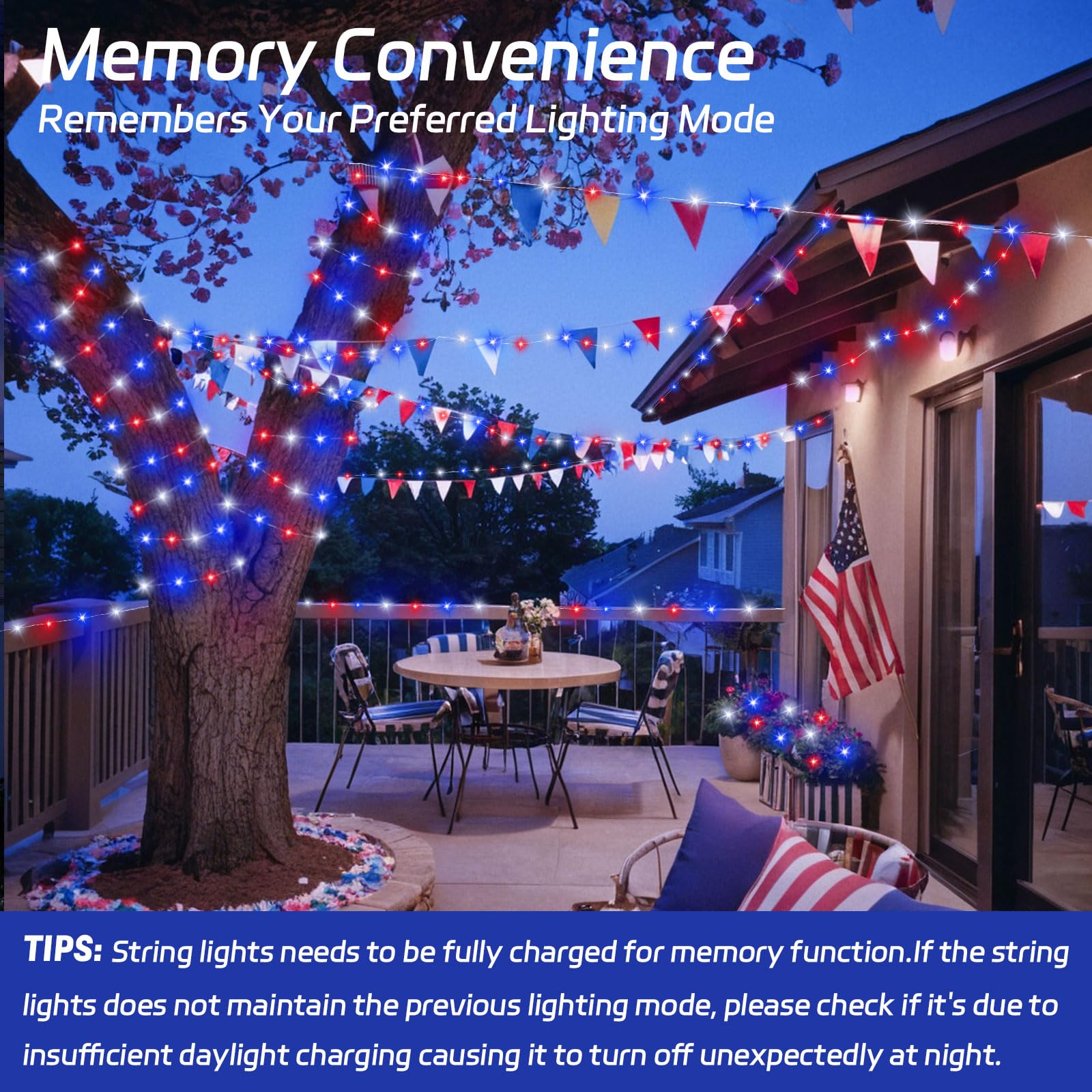 cshare Solar Fairy Lights, 39.4ft 120LED Waterproof, Red White Blue, 8 Modes, Model CS-SL-5M for Memorial Day Decorations