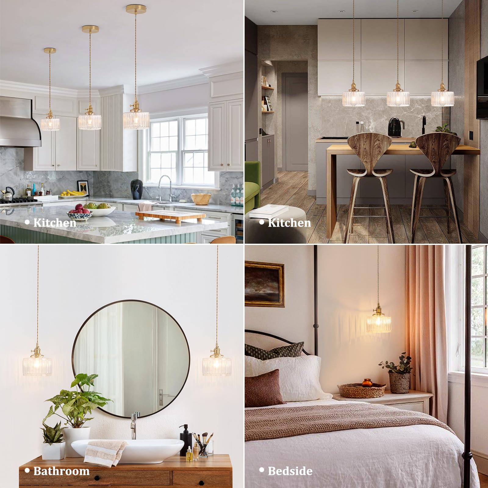 Shenmoyl Pendant Light With Clear Striped Glass Lmapshade, Brass Vintage Pendant Light Adjustable Hanging Light For Kitchen Isla