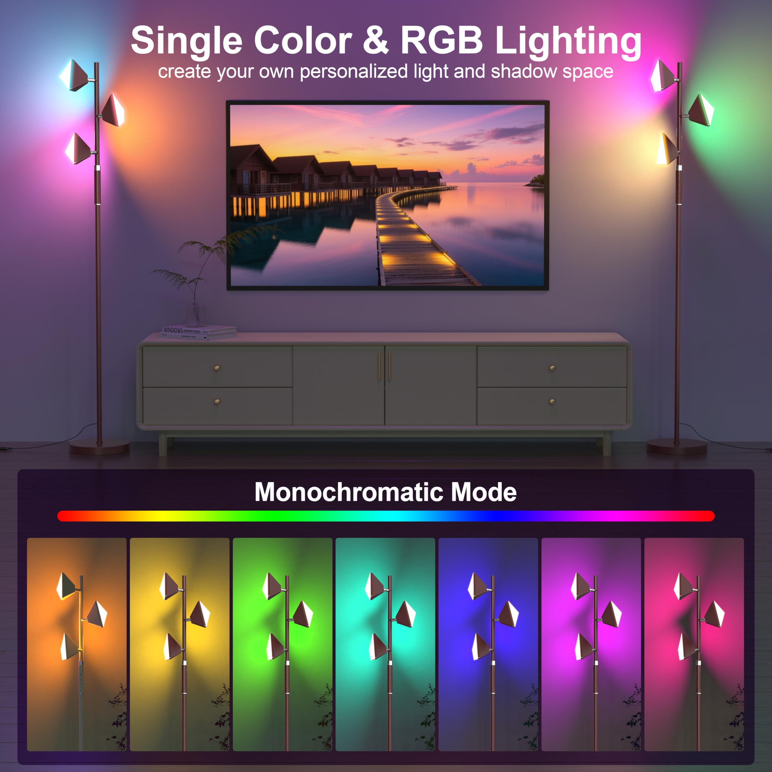 RGB Tree Floor Lamp for Living Room, Stepless Dimmable Tall Standing Lamp with Remote, Touch Control and 3 Rotatable Light, Brig