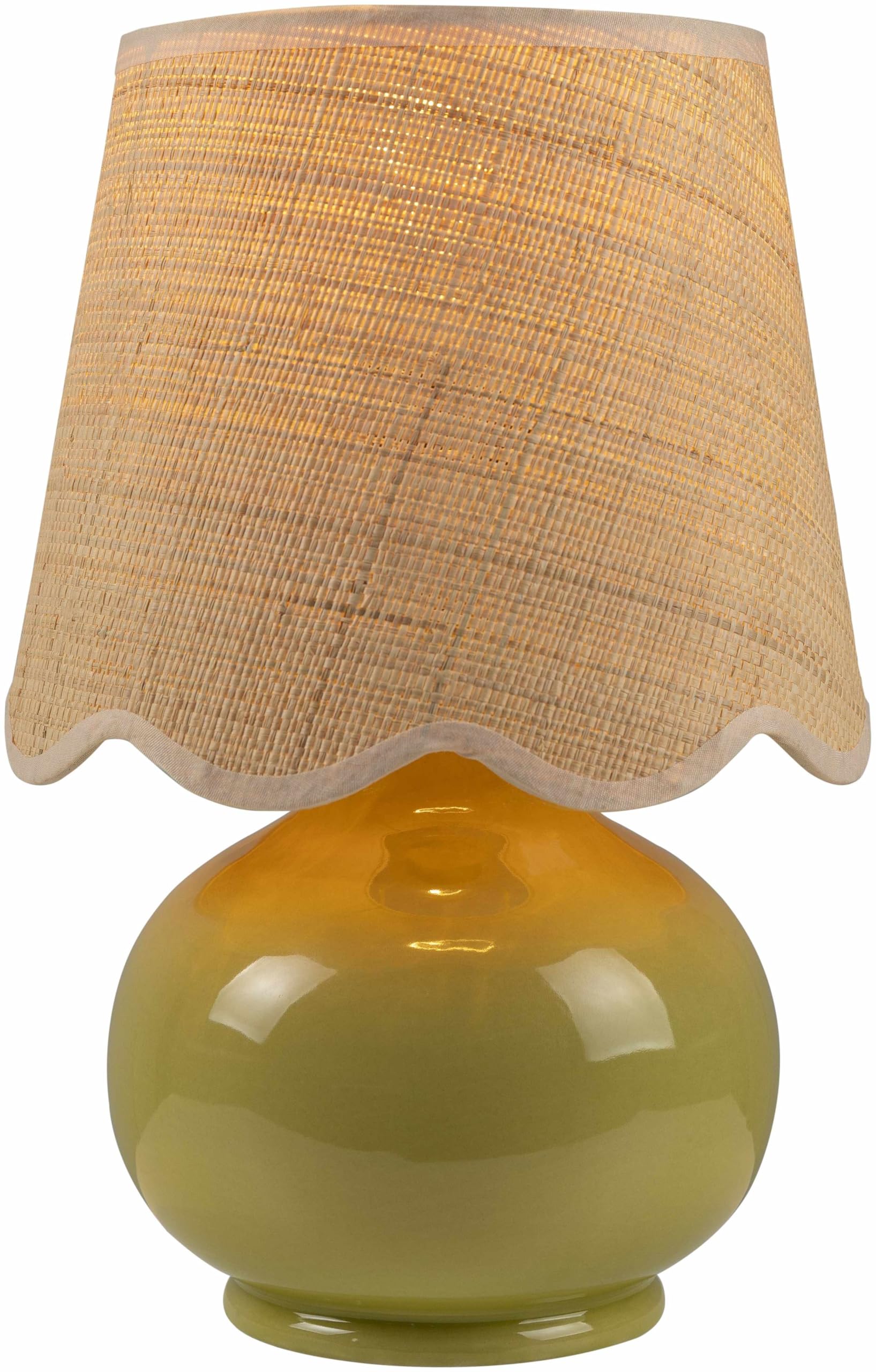 BoutiqueRugs Boho Ceramic Bedside Table Lamp 13inH - Rattan Shade - Green, Sage, Beige - Model TXCHMA6-006