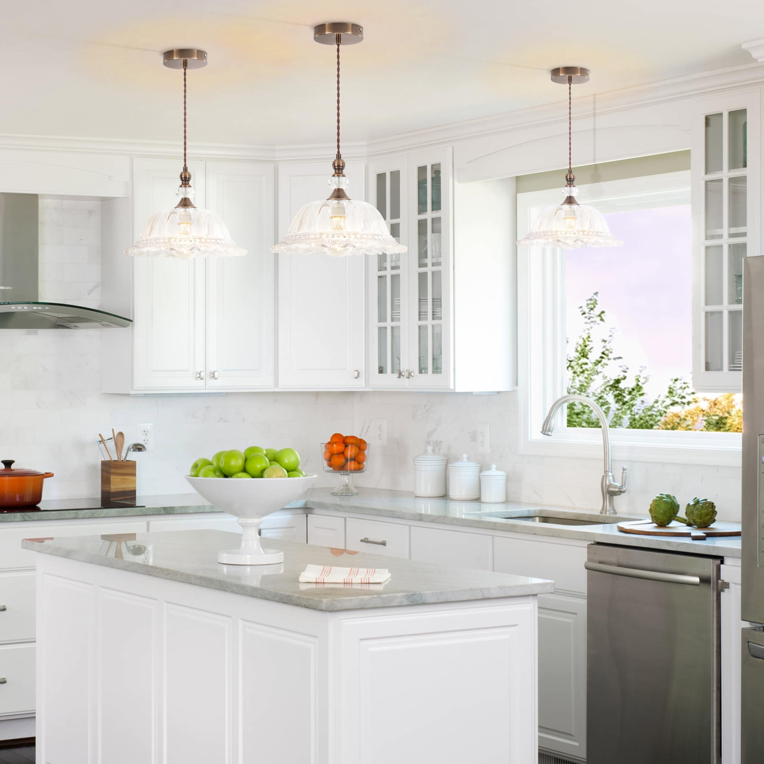 Cwarmozy Vintage Pendant Light Fixtures For Kitchen Island Brass Gold 10.6'' Glass Small Pendant Lights Adjustable Hanging Light