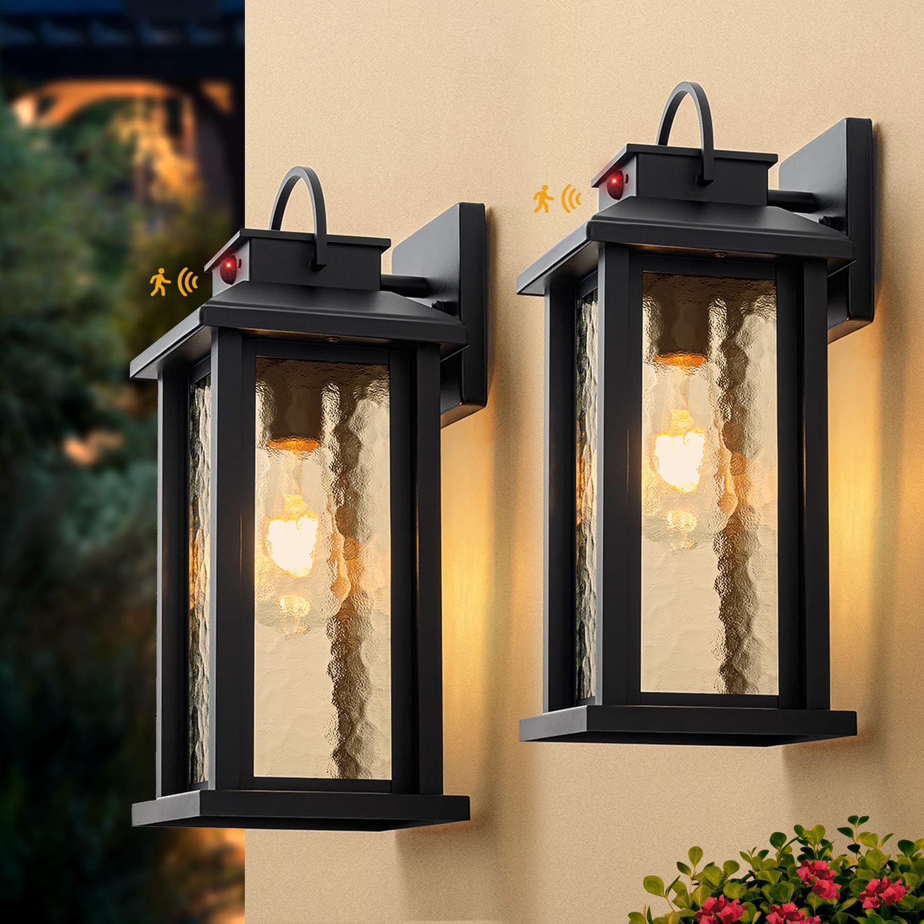 2 Pack Motion Sensor Outdoor Lights  Matte Black Dusk to Dawn Porch Lights Outdoor Light Fixture with Water Glass  3 Lighting Modes Exterior Lighting Fixtures  Waterproof Outside Light for House