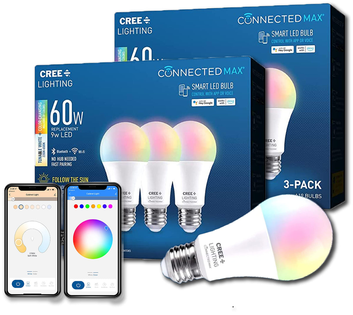 Cree Lighting Connected Max Smart Led Bulb A19 60W Tunable White + Color Changing, 2.4 Ghz, Compatible With Alexa And Google Hom