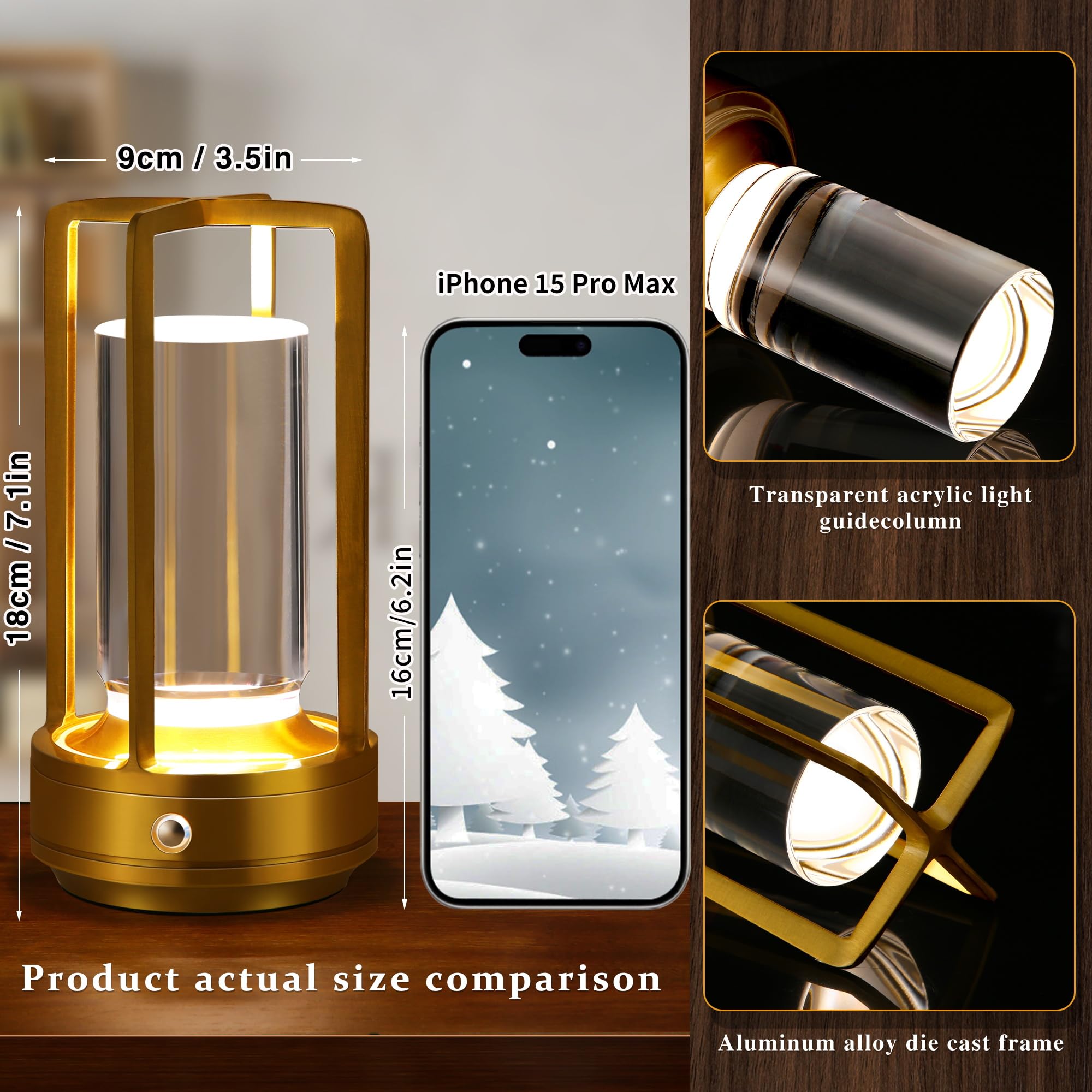 Anxingtools Portable Metal Table Lamp, Cordless, Battery Operated, 3 Light Colors, Gold, 3.54"D x 3.54"W x 6.89"H, Model