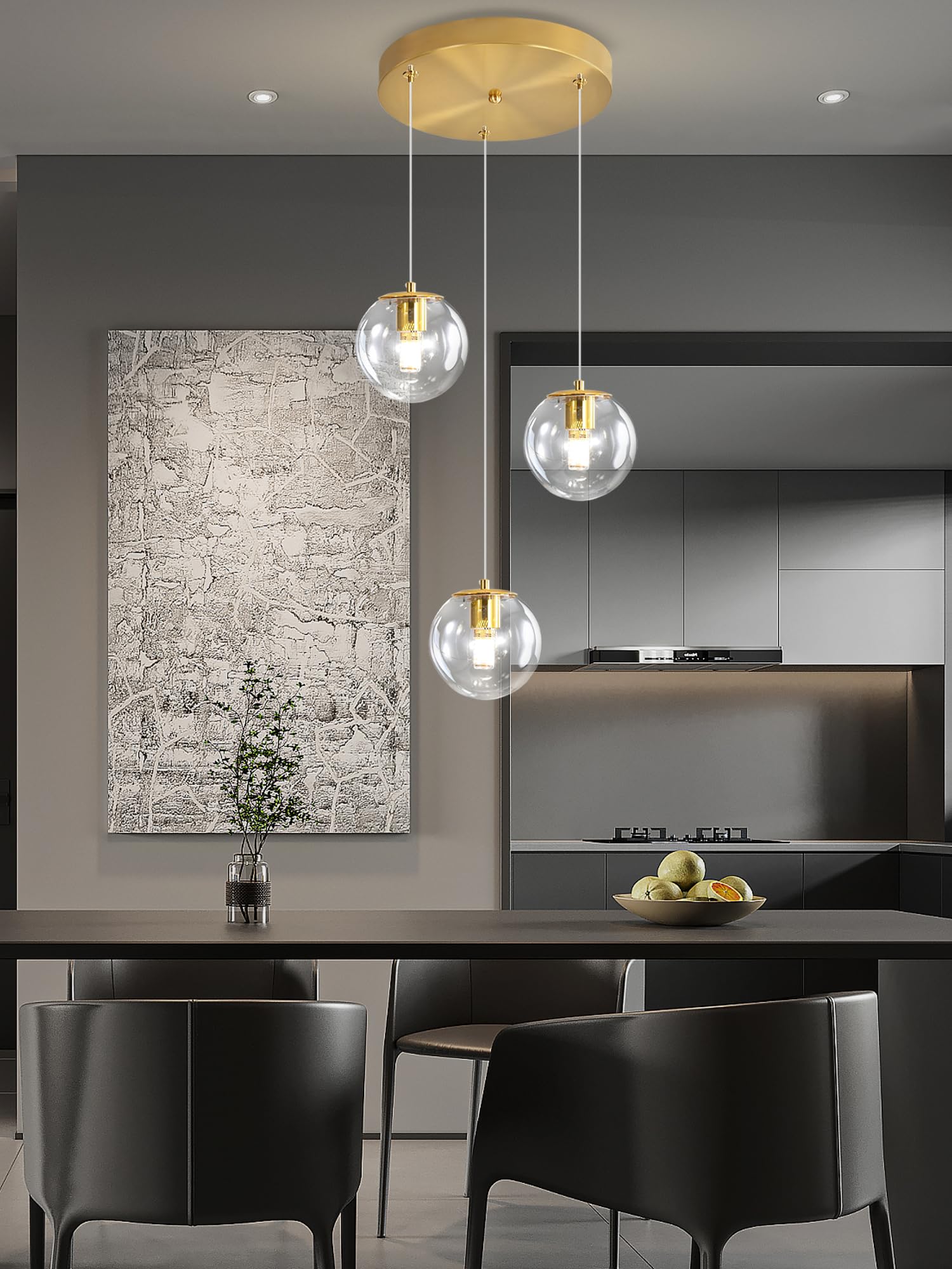 Ykolupty 3-Light Modern Gold Pendant Light Hanging Fixture Light For Kitchen Island Mid Century Globe Pendant Light Glass Chande