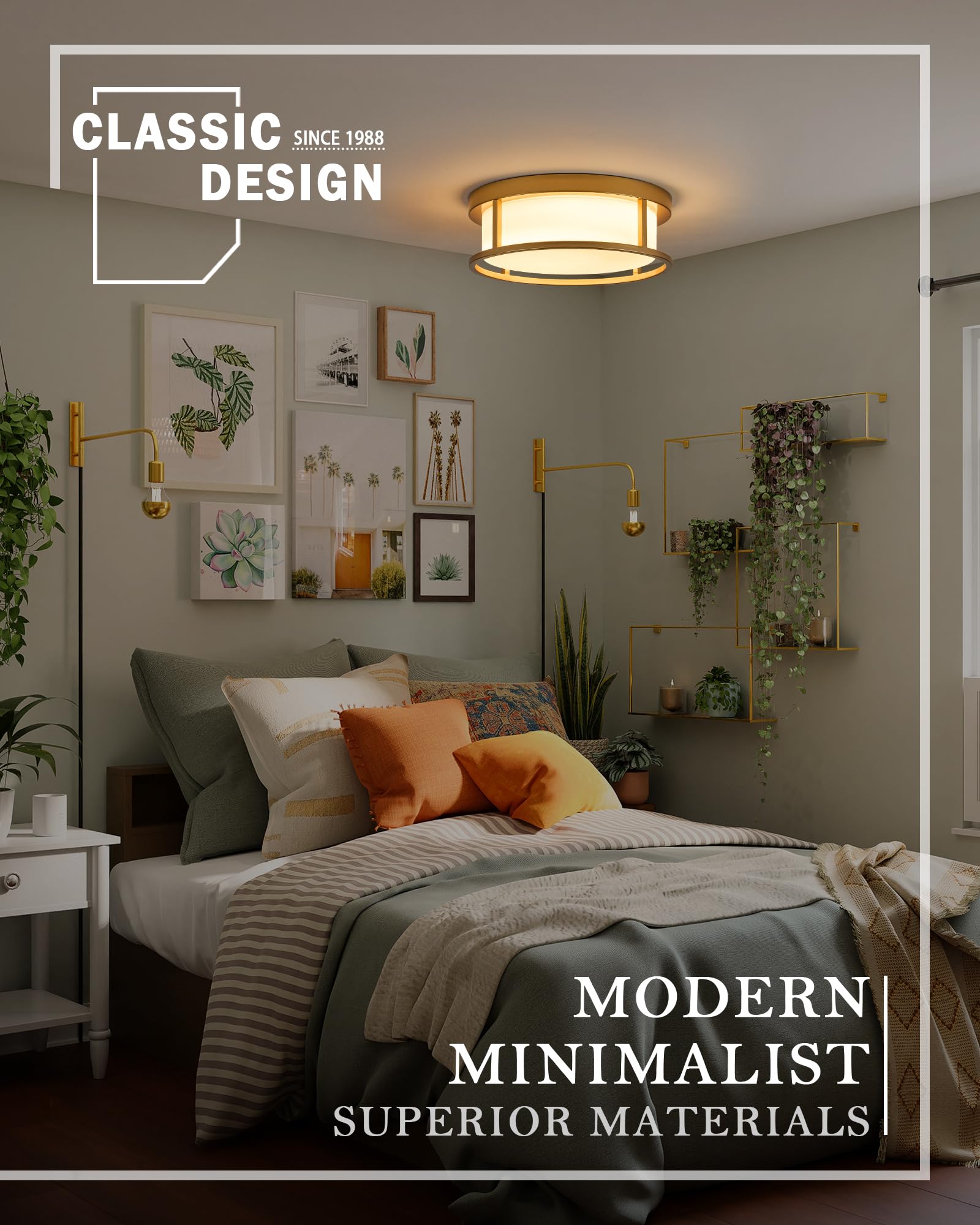 Hanass 12&quot; Flush Mount Ceiling Light, 24W Led, 1900 Lumen, Gold Frosted Glass, 5