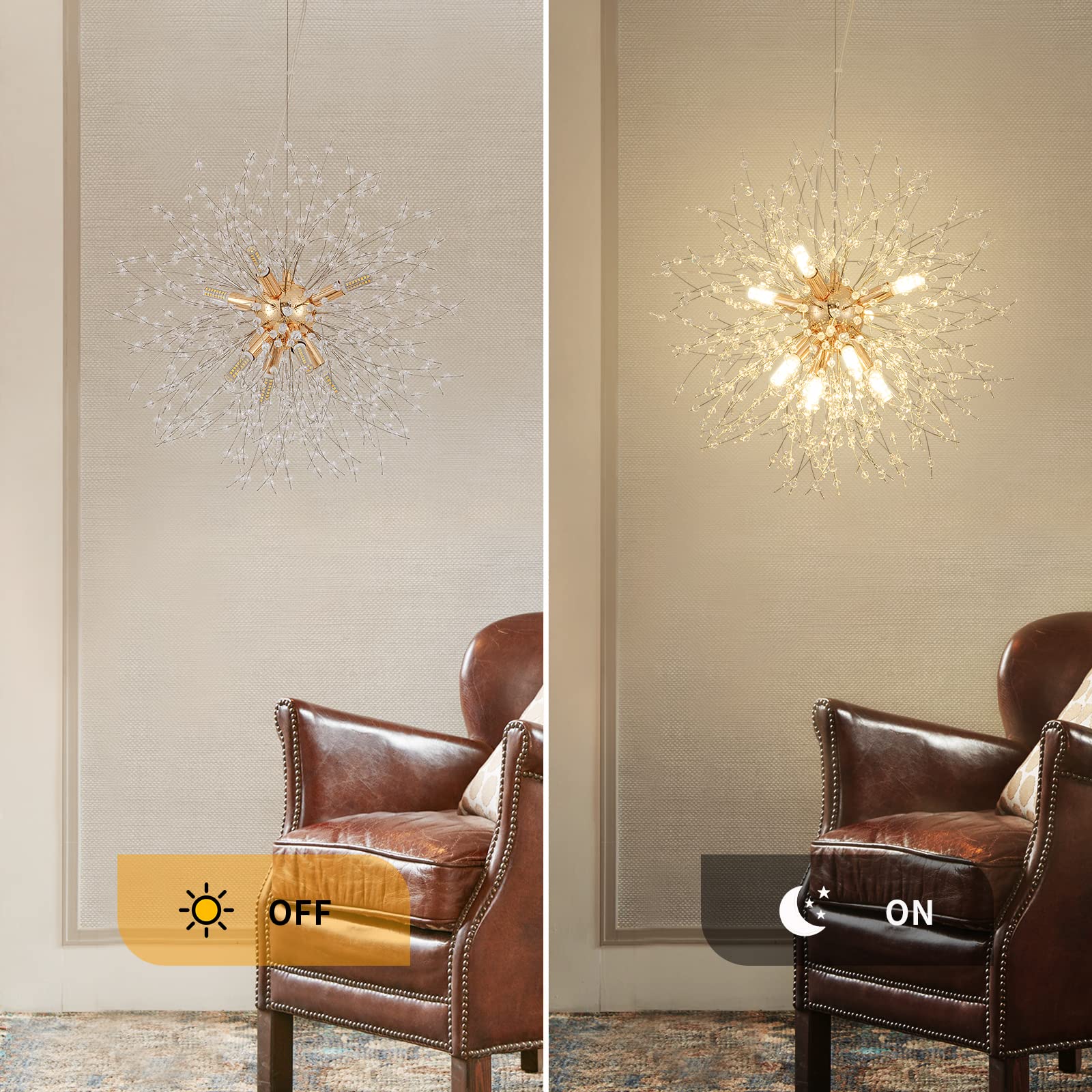 Cm Mzy Modern Crystal Chandeliers Firework, 8-Light Gold Dandelion Sputnik Ceiling Light Fixtures, Sputnik Chandelier For Bedroom Living Room Dining Room Kitchen Island Hallway