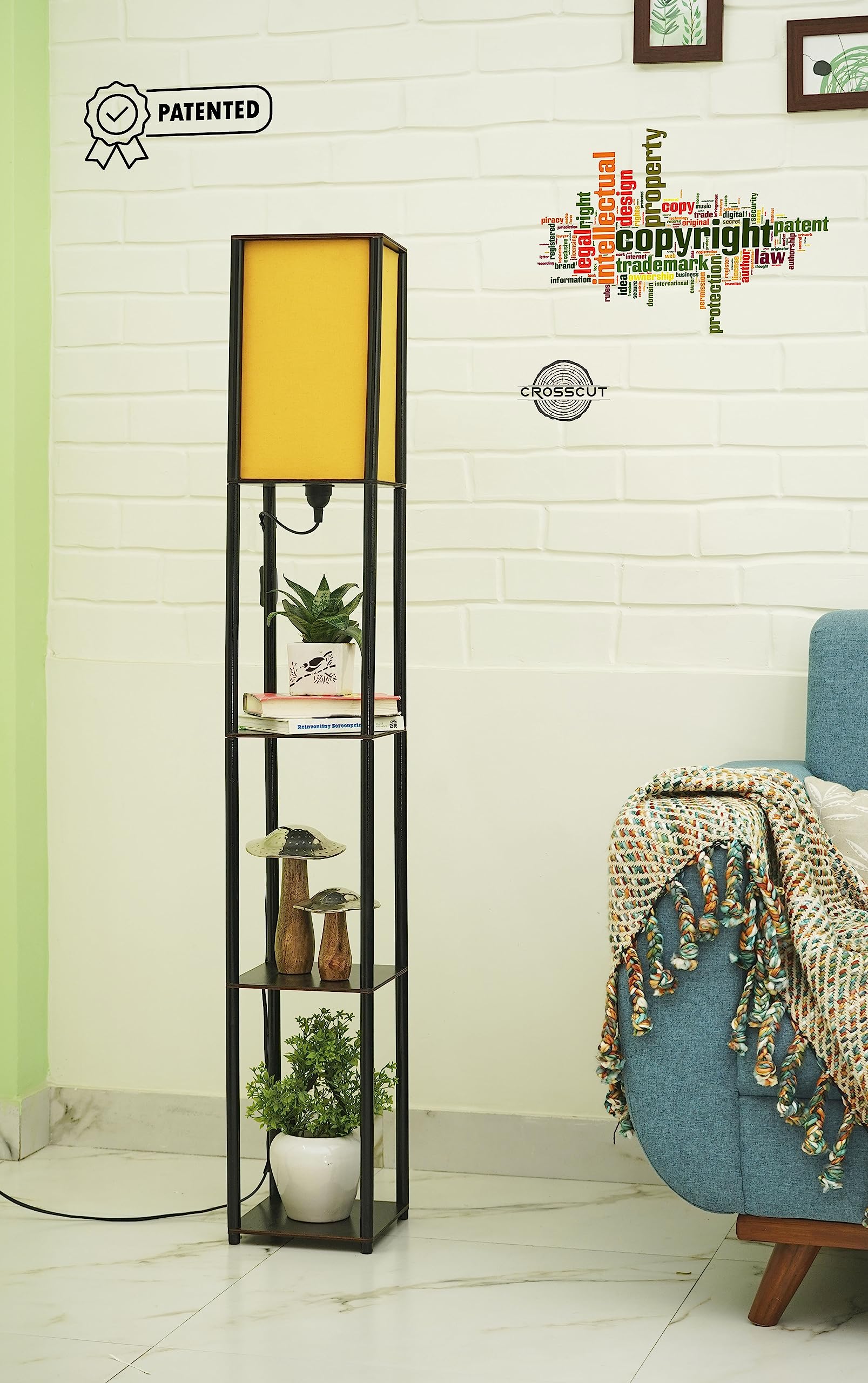 Crosscut Furniture Wood Tower Floor LED Lamp With Shelf (Fresh Yellow)