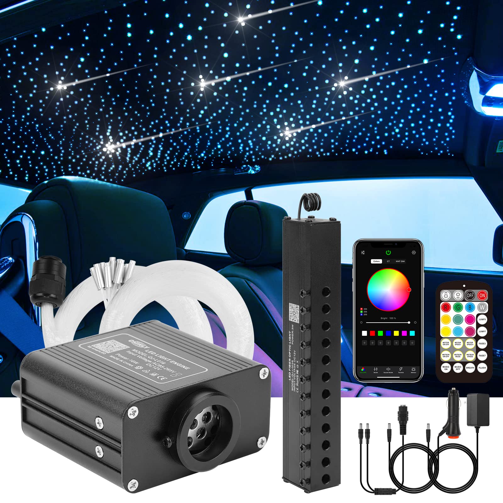 Chinly Meteor Twinkle 500Pcs 13.1Ft (0.03In+0.04In+0.06In) Fiber Optic Lights Star Headliner Kit+Shooting Stars Light Kit, Music Mode Bluetooth App Control Remote, For Star Headliner/Home Ceiling
