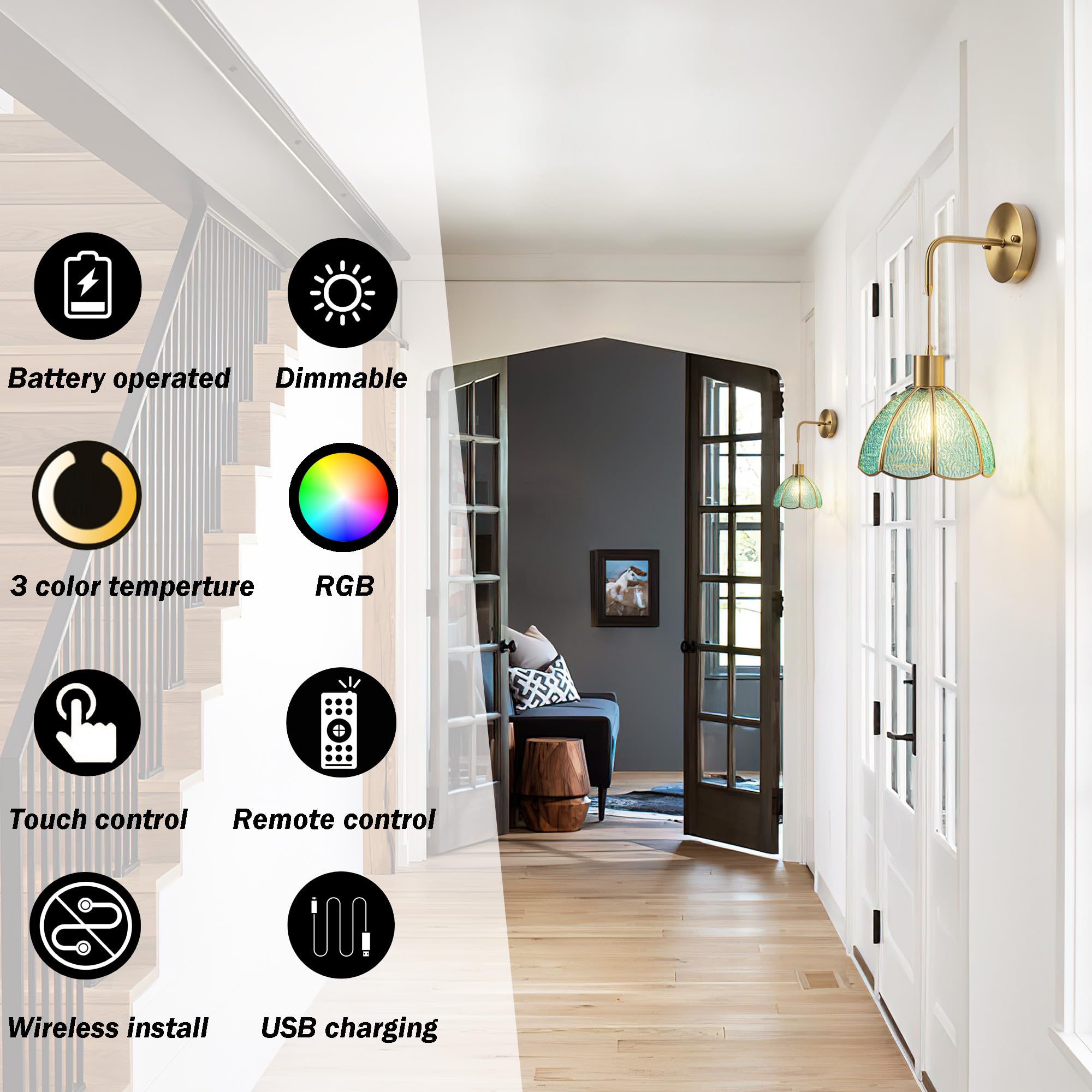 Battery Operated Wall Sconces Set Of Two, Indoor Not Hardwired Battery Wall Light With Remote Control, Rgb Color Changing Dimmable Battery Powered Wall Lamp For Bedroom, Easy To Install, Bulb Included