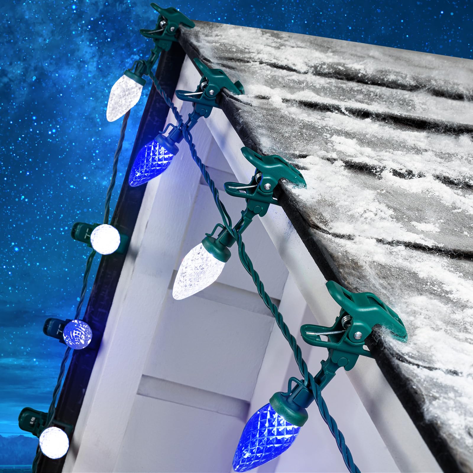 Moonflor C9 LED String Lights, 50ft Waterproof, 50 LEDs, Blue & Pure White, Commercial Grade, Model 5-50/1F/C-033
