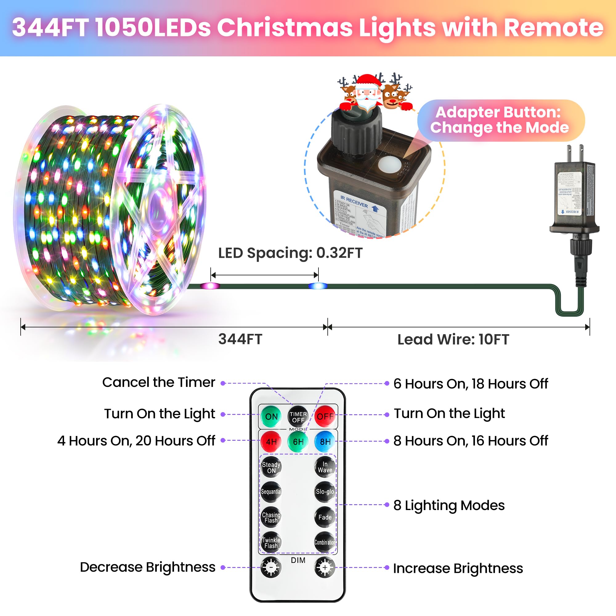 Larkvue 344Ft 1050 Leds String Lights With Remote  Dimmable 8 Modes Timer & Memory Function Fairy Rope Light For Christmas Tree Room Decor-Multicolor